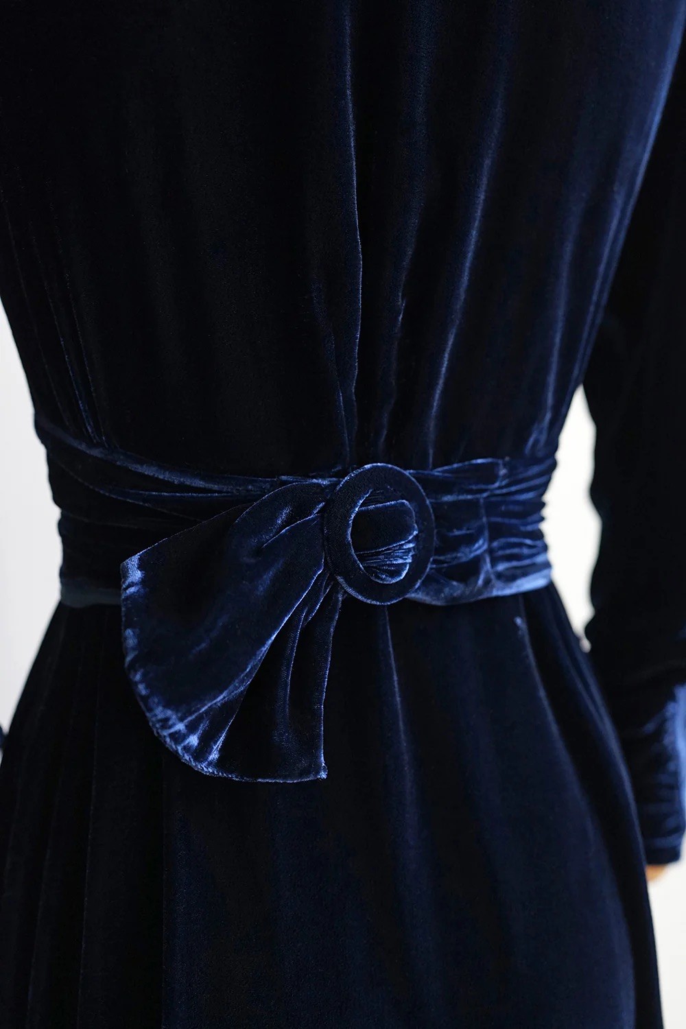1930s Lace V-Neck Blue Velvet Dress