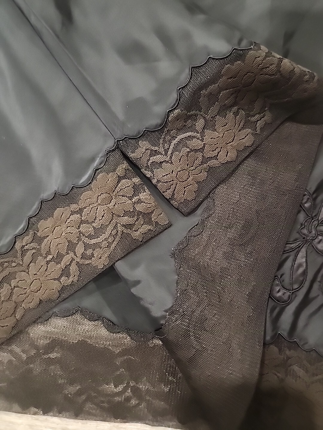 Vintage Bali Half Slip Med Av Black W/ Lace Side Slits + ILGWU 50/50 Poly/Dacron