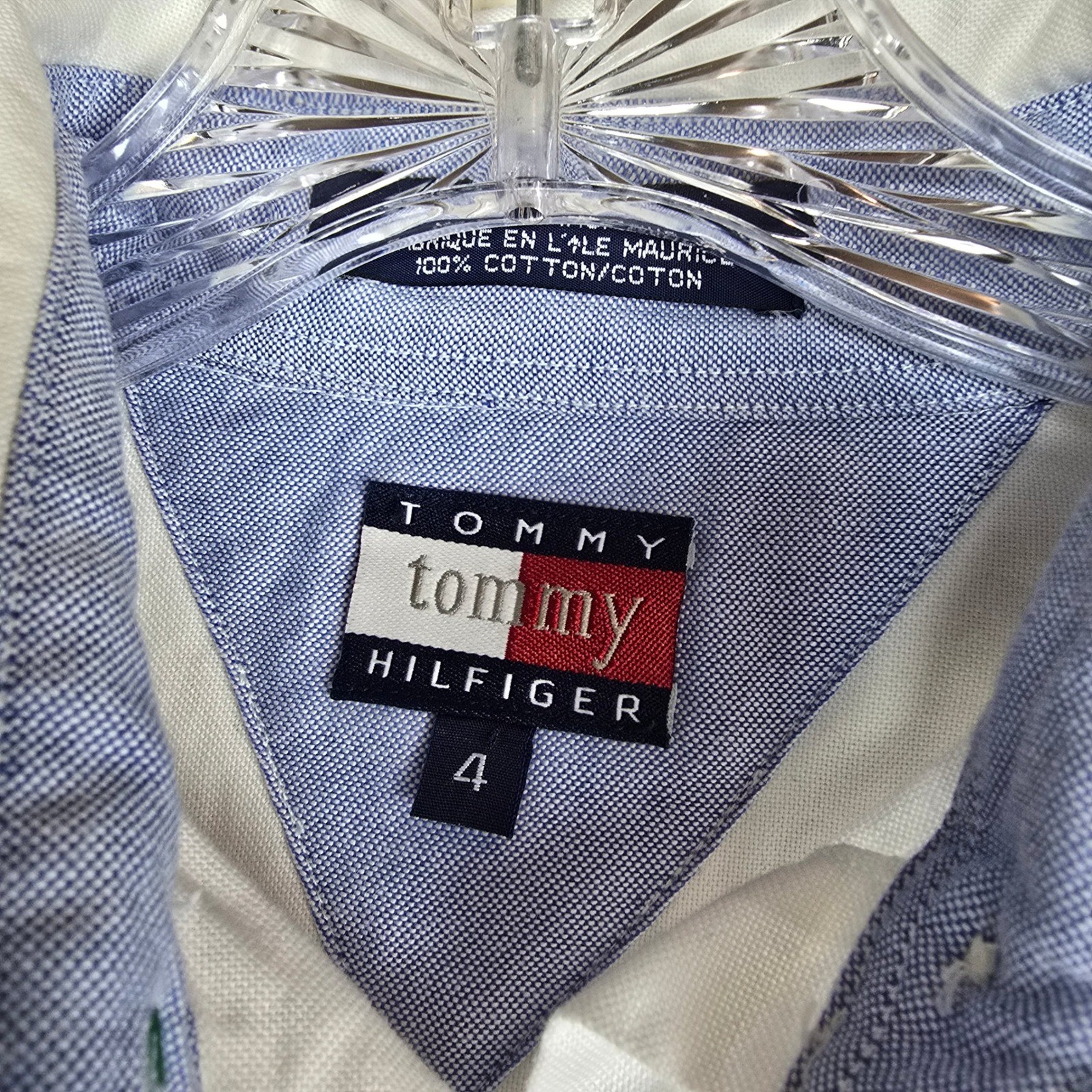 Vintage Tommy Hilfiger Striped Button Up Shirt White Red Ribbon Crest Size 4
