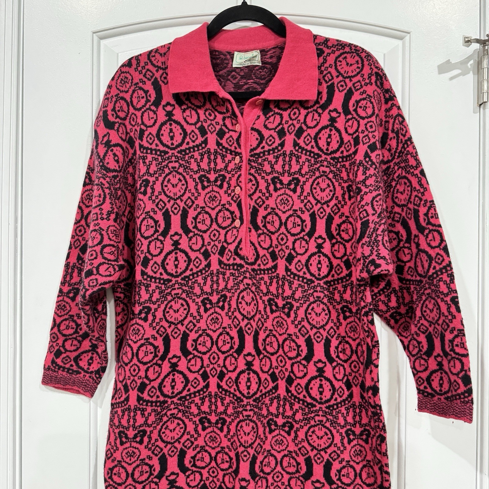 Benetton Italy Sweater Dress Size 44 Pink Black Knit Long Sleeve Abstract Vtg