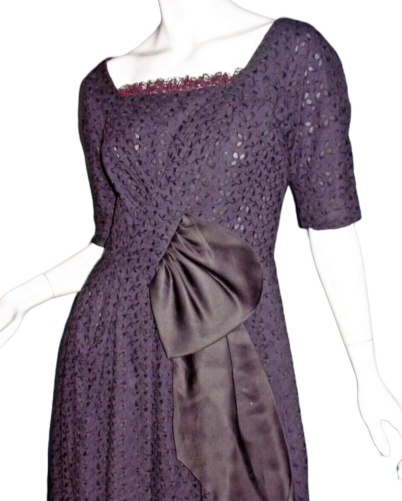 Dress M Vtg 50s Black EYELET Ruffle LACE GIANT BOW Rockabilly GOTHIC PINUP Siren