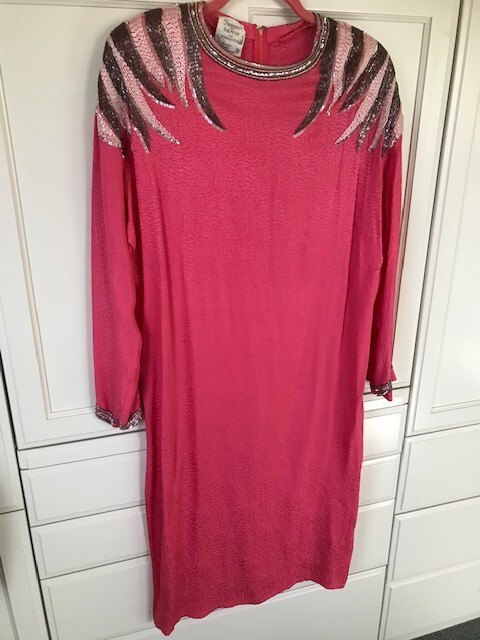 Francesa of Damon for Starington Dress Sz 12 Pink Vtg Silk Evening Beaded Sheath