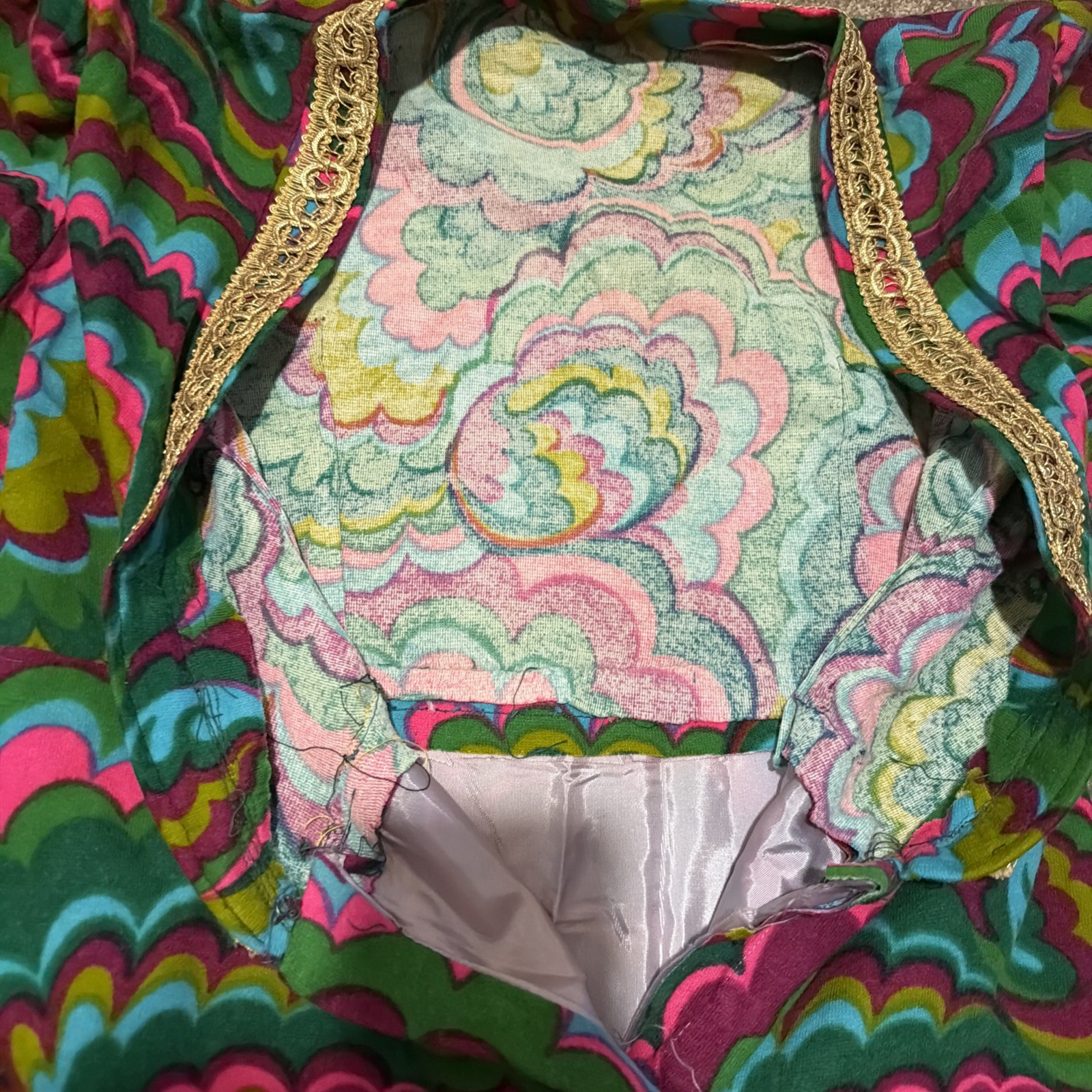 Vtg 60s 70s Psychedelic Hostess Maxi Dress Lined Front Slit Handmade Vogue 8154