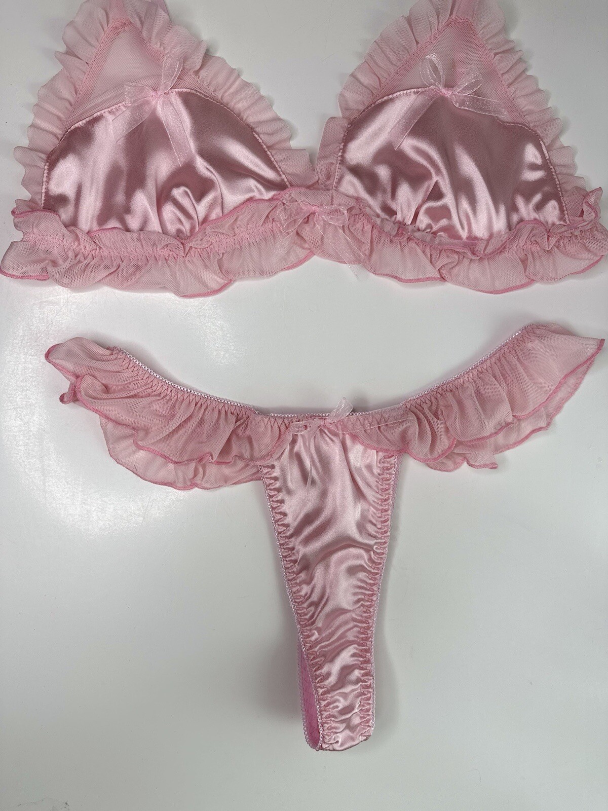 Large 7 L Shiny Satin Bralette Thong Panty Chiffon Ruffles Coquette Vtg Bra Set