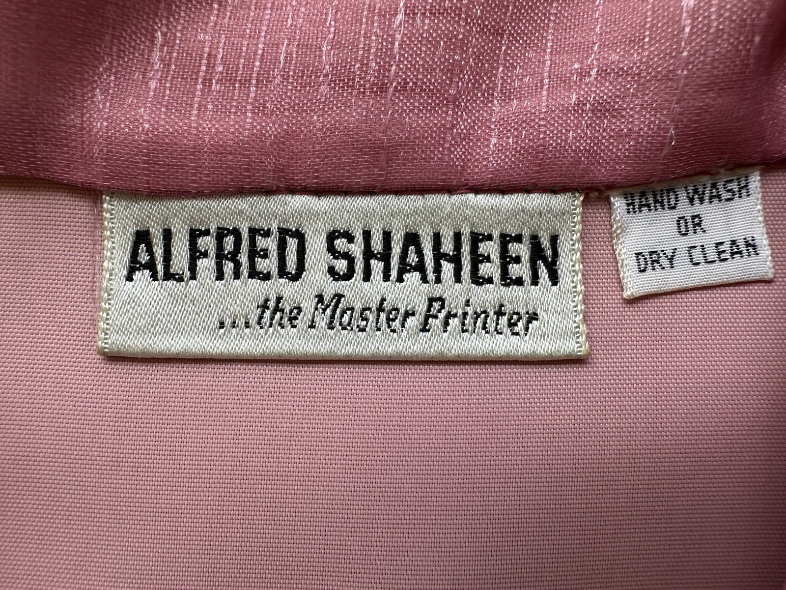 Vintage 60s 70s Alfred Shaheen Pink Fan Print Hostess Shift Dress Sheer Sleeve