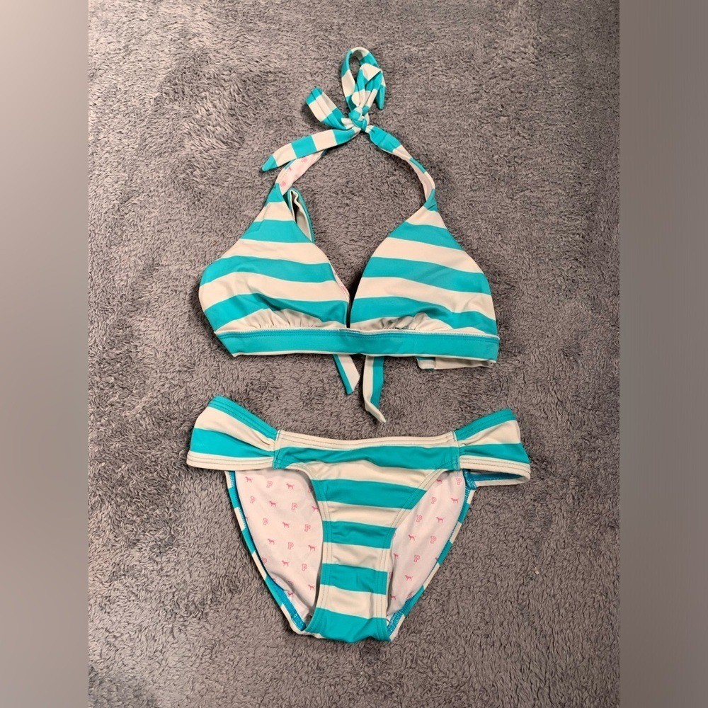 PINK Victoria’s Secret RARE Y2K Striped blue and White Bikini Set XS/S