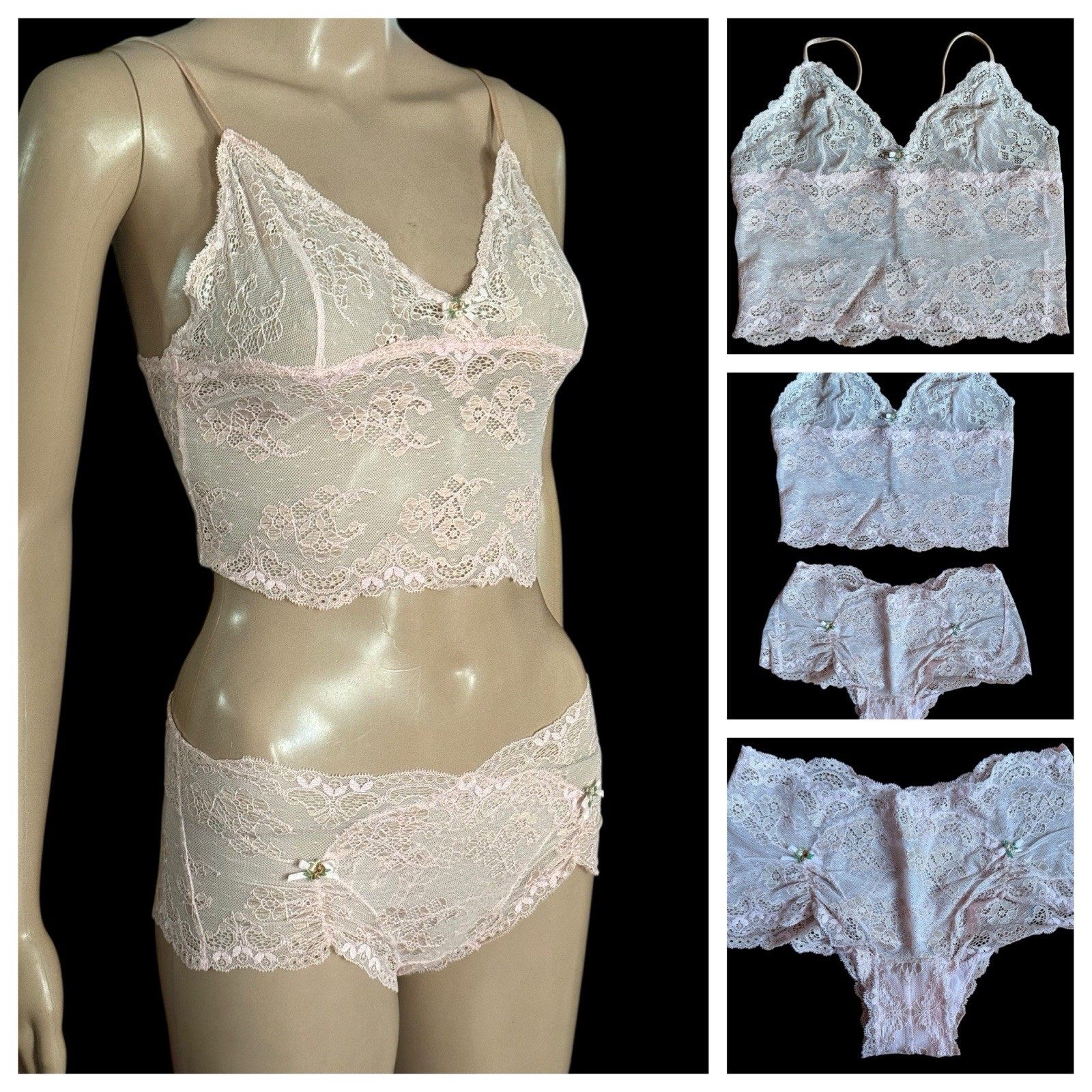 Victoria’s Secret Pink Victorian Sheer Lace Flowers Cami Panty Set Sz Small VTG