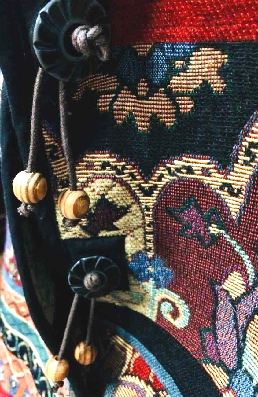 Tapestry Jacket Flashback Burgundy Green Black Womens Size L Unlined