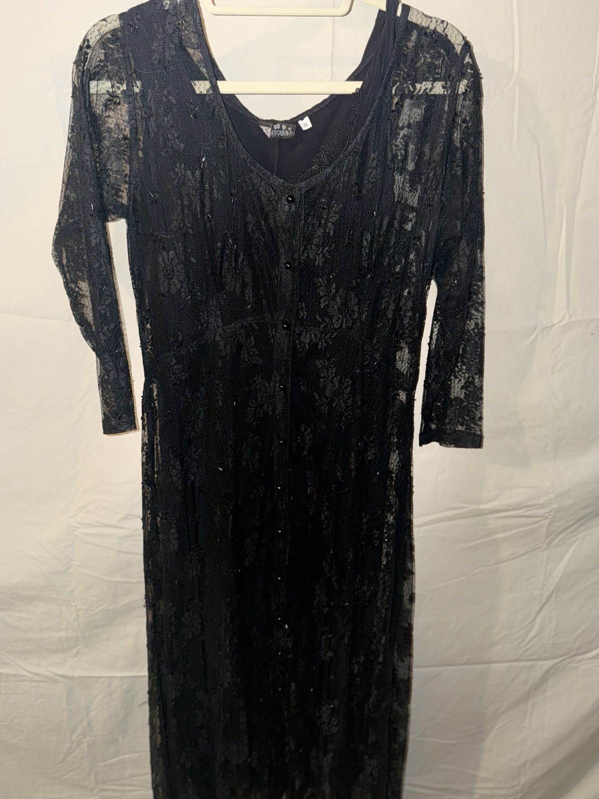 Vintage Auditorium 90s Black Lace Button-Front Overlay Dress With Slip