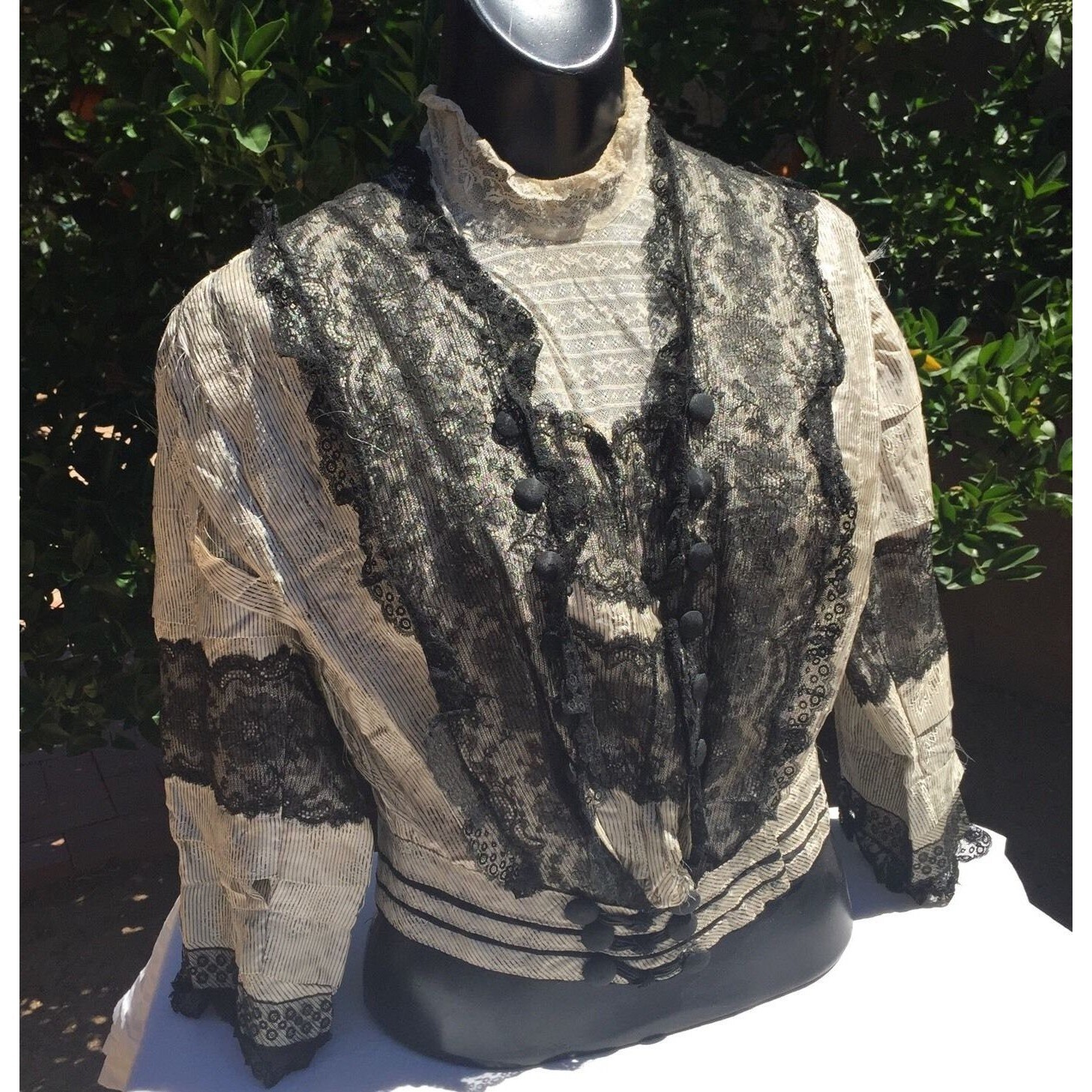 Antique Victorian Day Dress Bodice Cream Silk Black Lace Boned Blouse DAMAGED