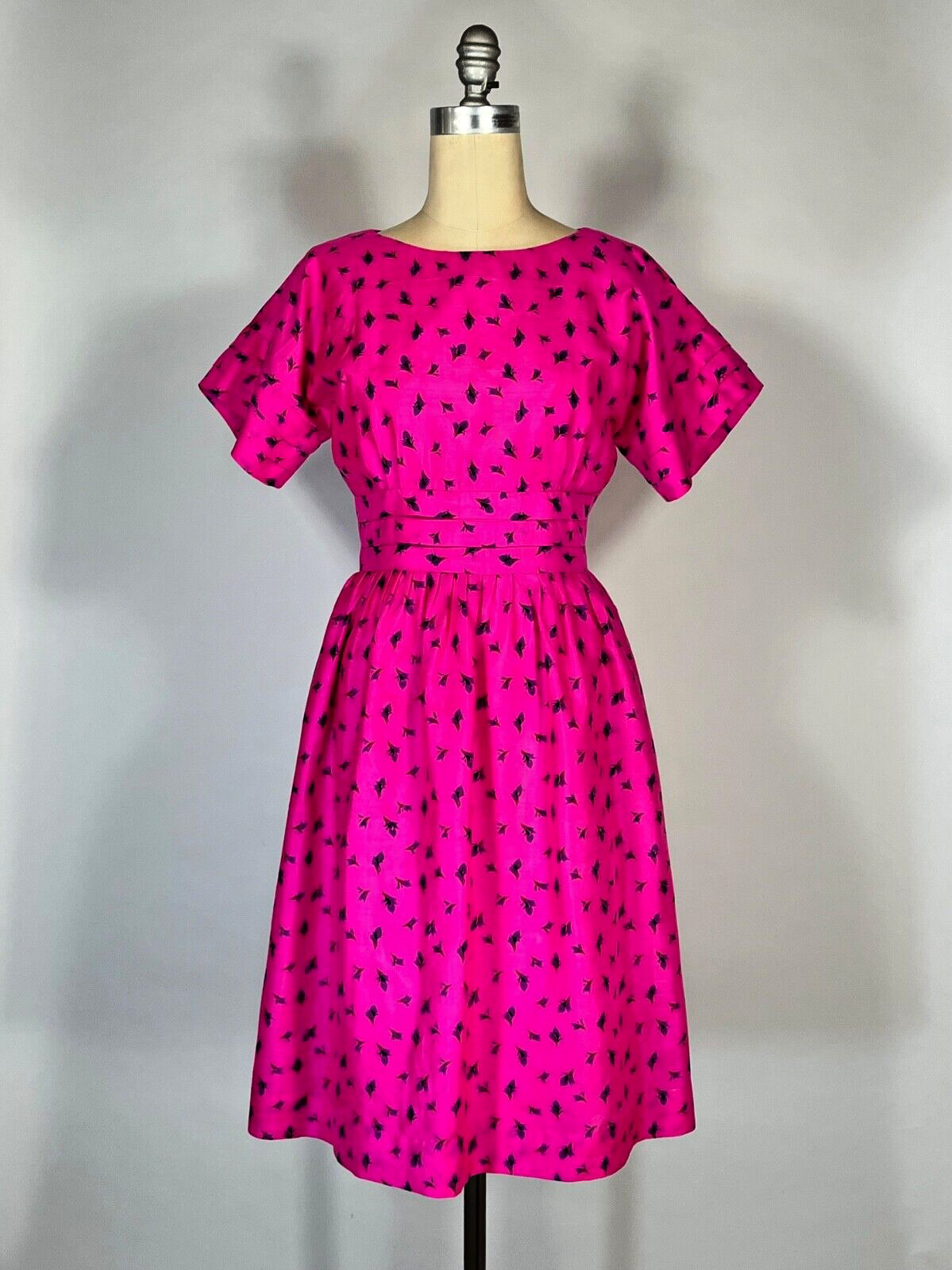 Vintage 1950’s-60’s rare HOT PINK pure silk floral dress with pleat details M/L