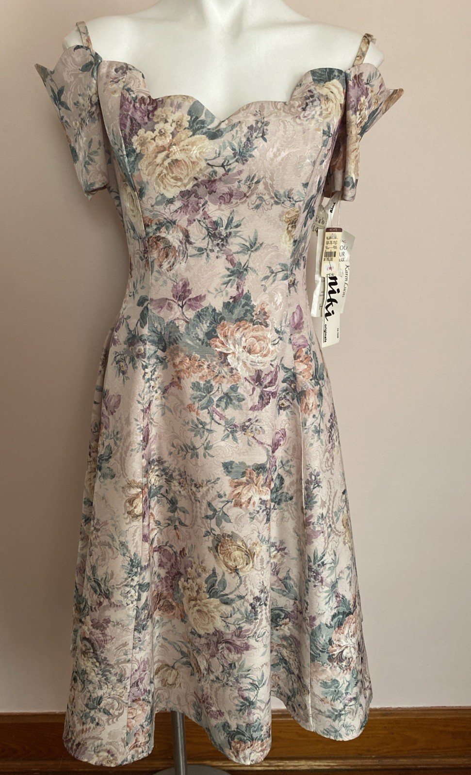 NWT Karen Lucas NIKI VTG 90s Floral Brocade Fit Flare Off Shoulder Dress 14 Lrg