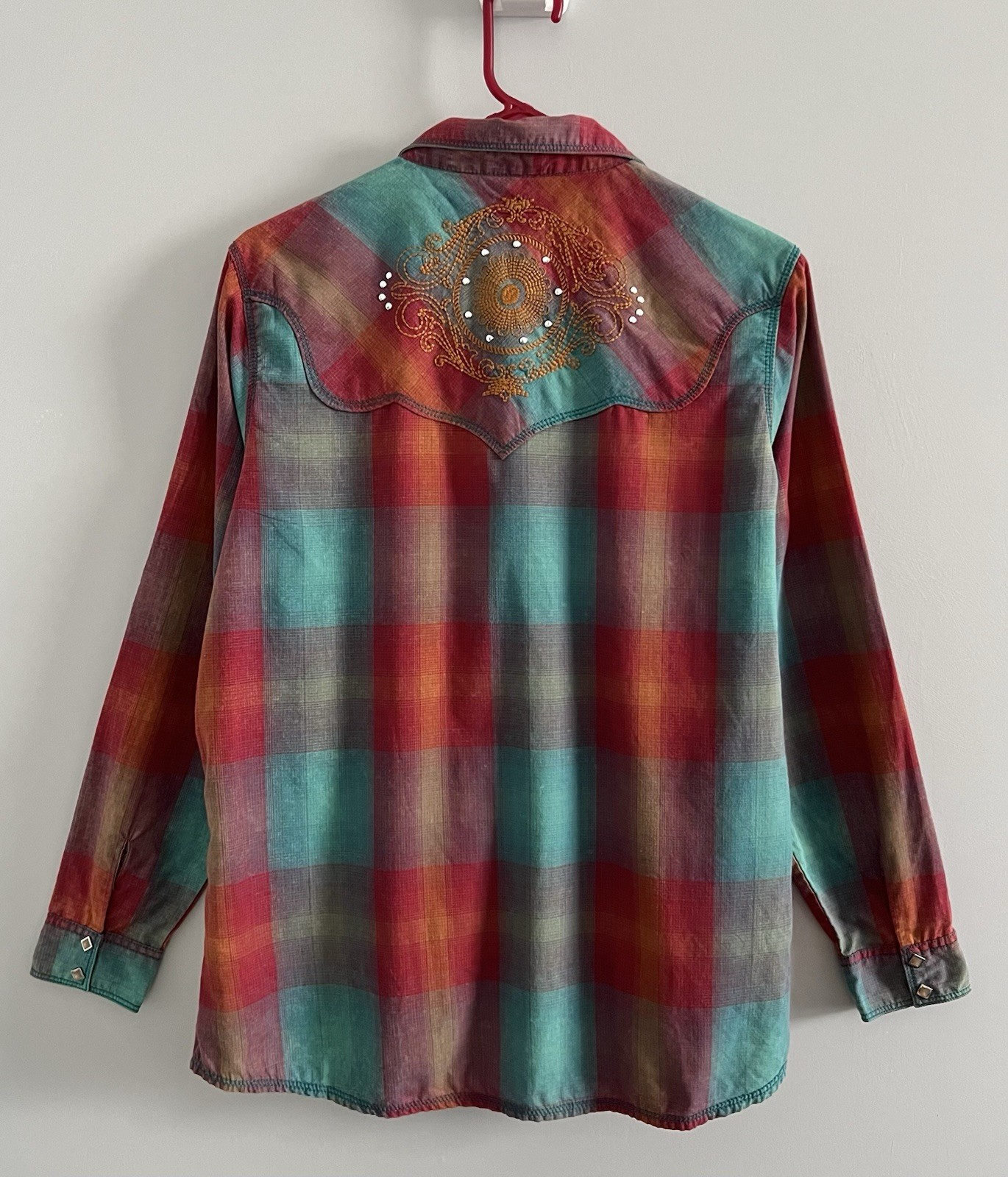 Vtg WRANGLER Western Shirt Women L Turquoise Multi Plaid Diamond Snap Cowgirl