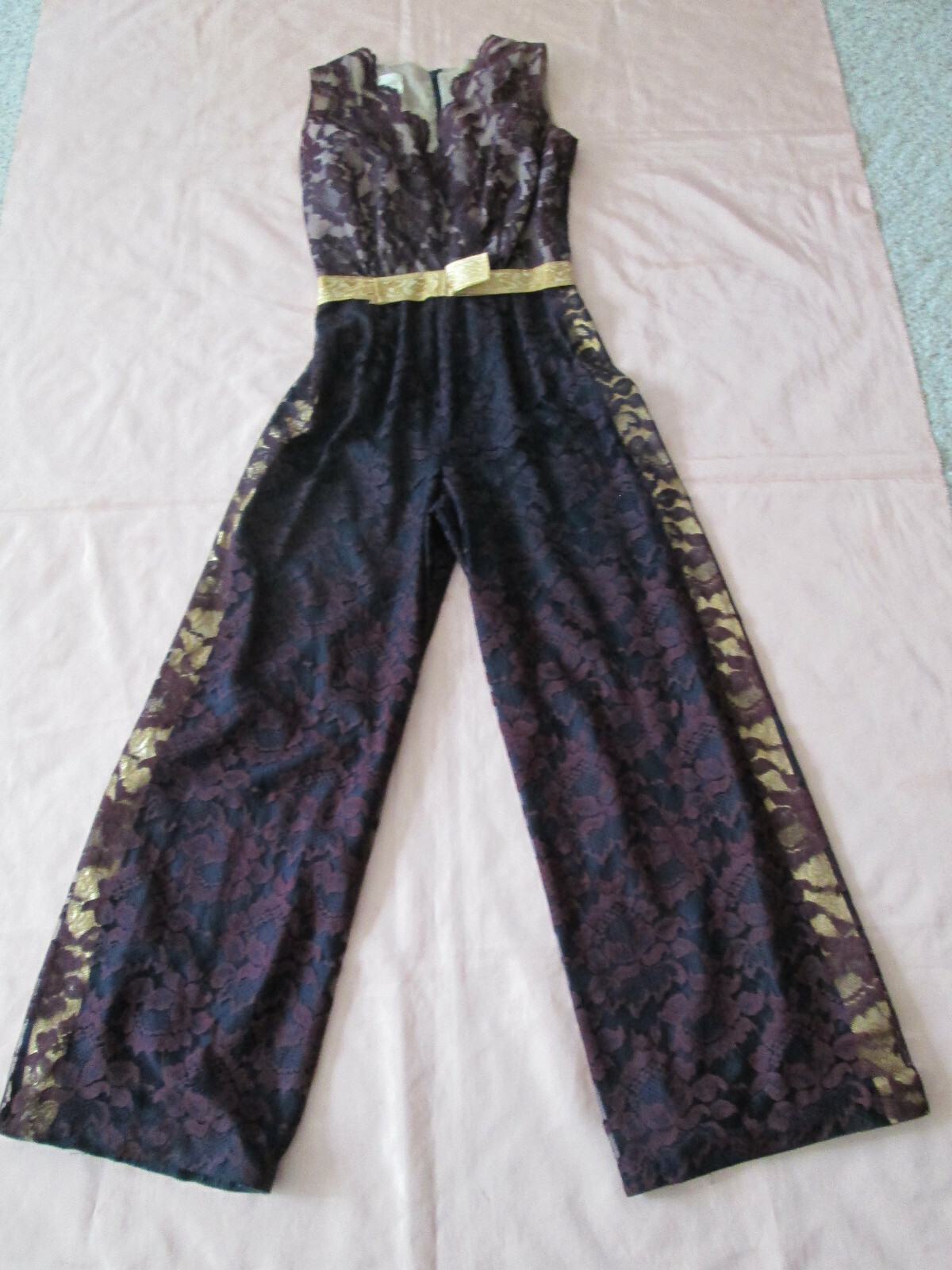 Vintage JUMPSUIT Black Lace METALLIC GOLD Shimmer detailing Melinda of Calif