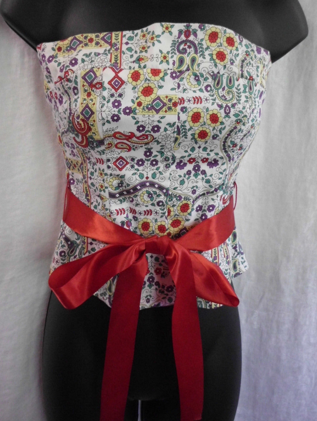 Vintage Notice Strapless Blouse Size 2 Cotton Blend Multi Floral & Geomet Lined