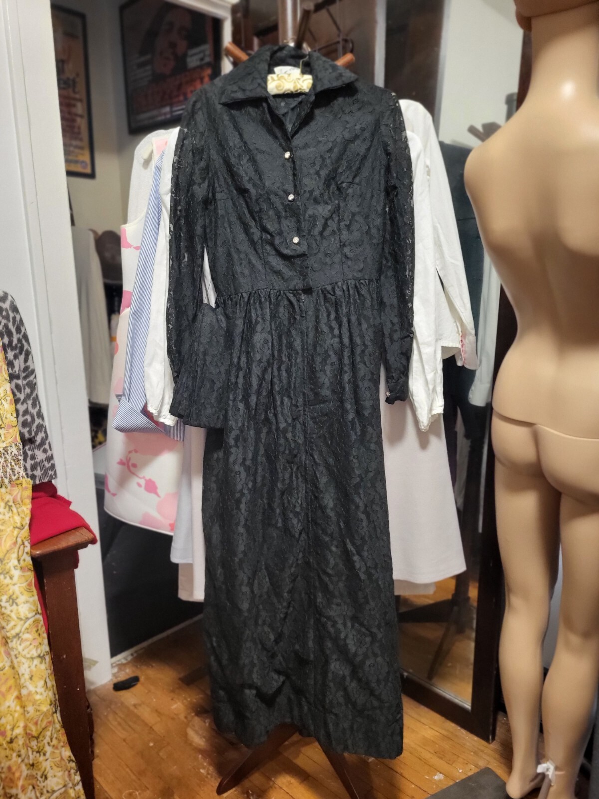 Vintage Image at Home Black Lace Full Length Fitted & Flared Dress S / M