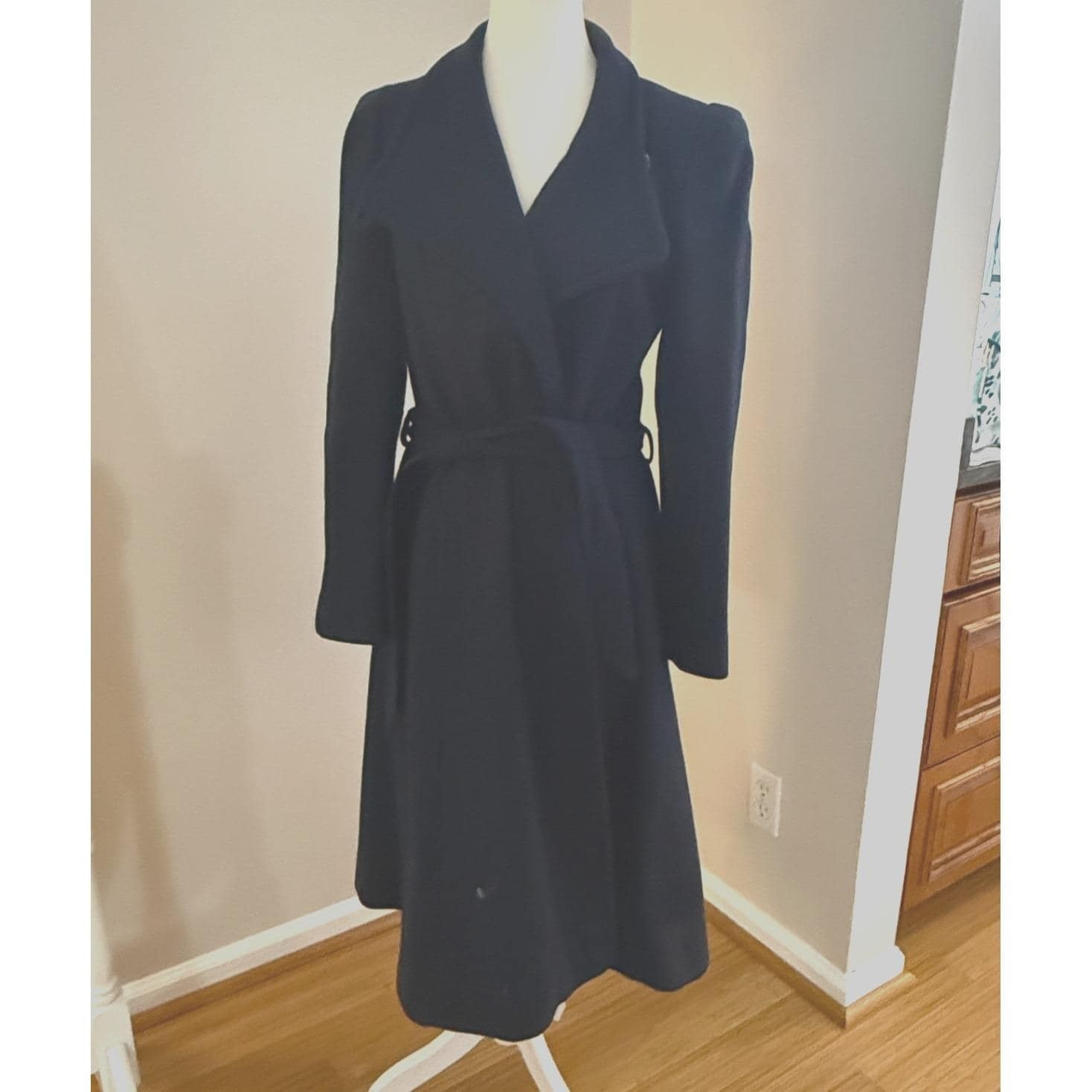 VTG 70s J. Gallery Navy Wool Wrap Coat Puff Sleeve Belted Shawl Collar 1978 FLAW