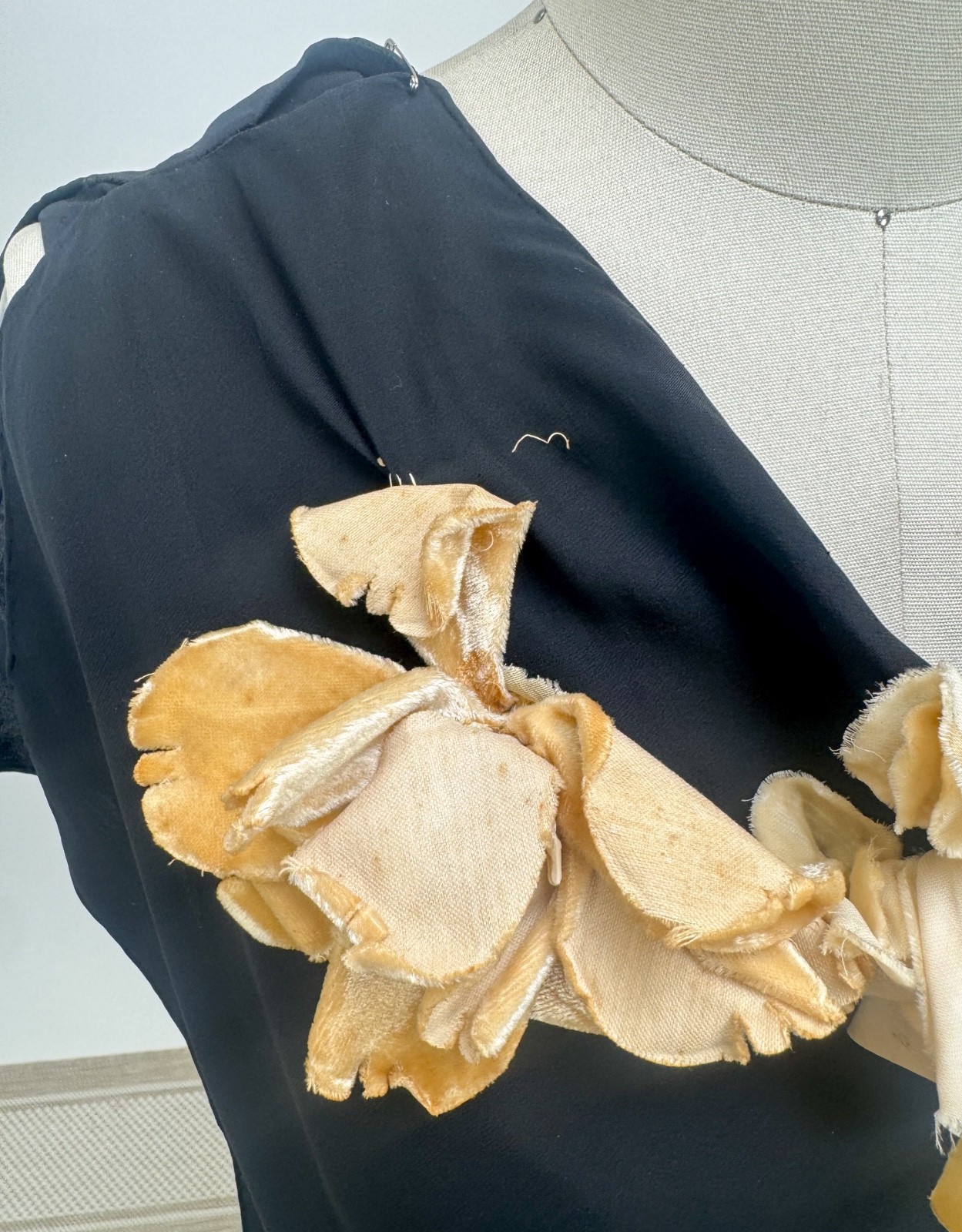 Antique 1920s 1930s Black Silk Gown Full Length Creme Velvet Flower Appliques
