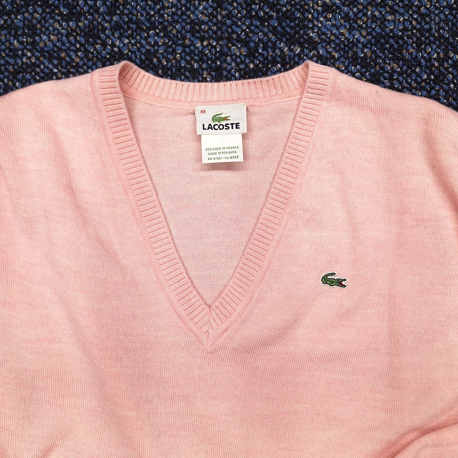 Vintage Lacoste V-Neck Sweater Virgin Wool Pink Size 48(Mens M.)(Womans L-Xl)