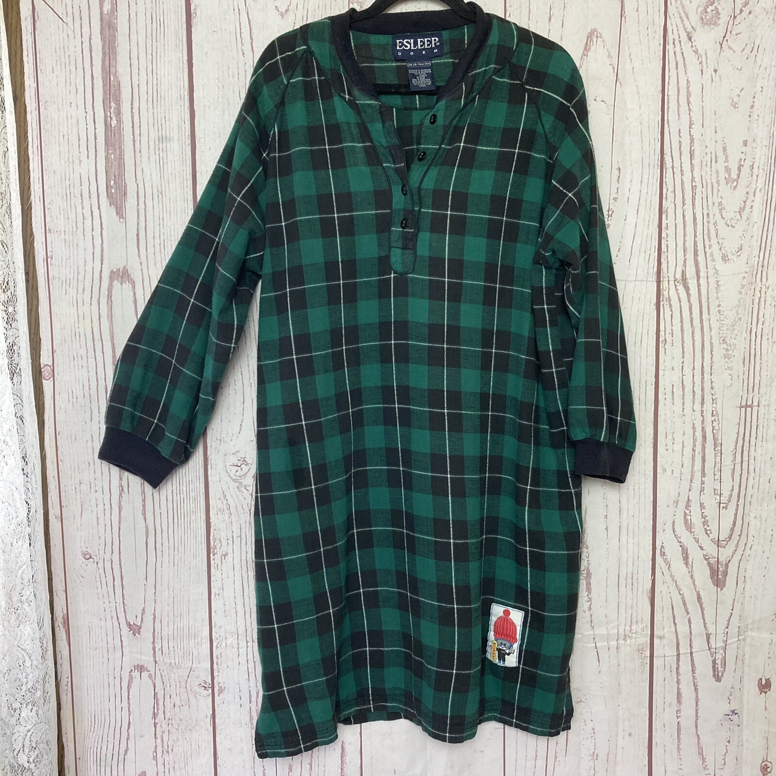 Vintage 90s Esleep Green Plaid Night Shirt Gown One Size Flannel Pjs Jammies 25”