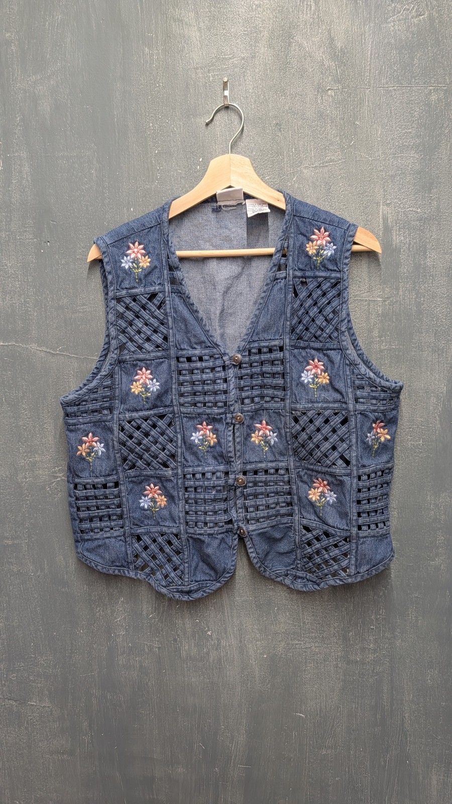 Vintage Bobbie Brooks Basket Weave Floral Embroidered Denim Vest Size Large