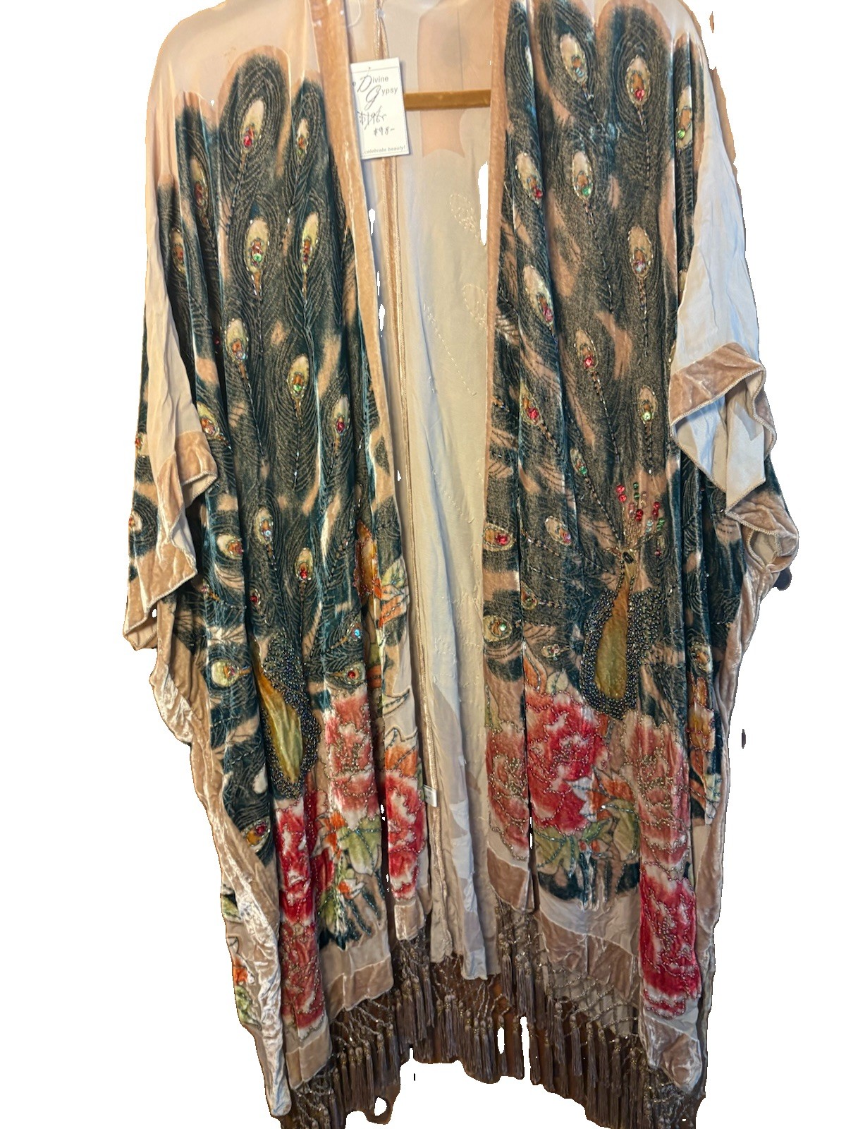 Kimono Duster Jacket Peacock Floral Velvet Beaded Burnout Coverup OS L/XL/1X/2X