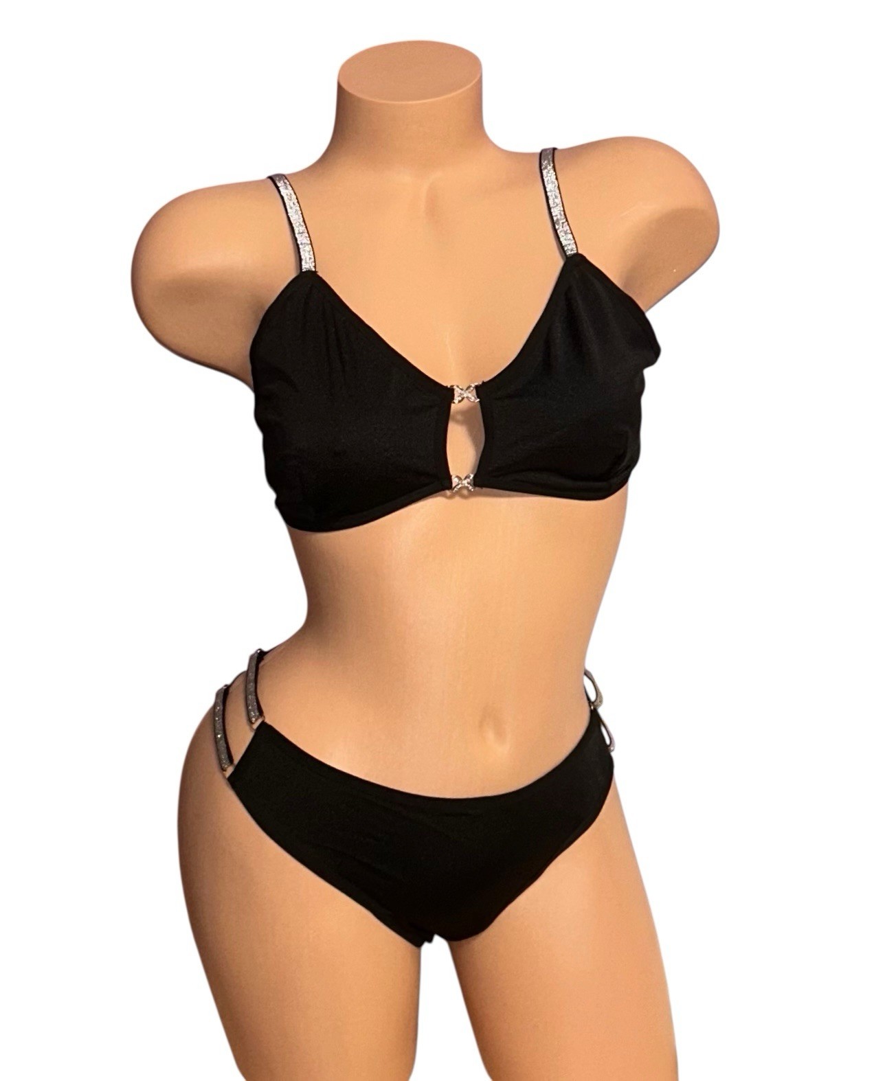 2PC AVIDLOVE Black Shiny Satin Silver Trim Bra & String Bikini Panties L NWT