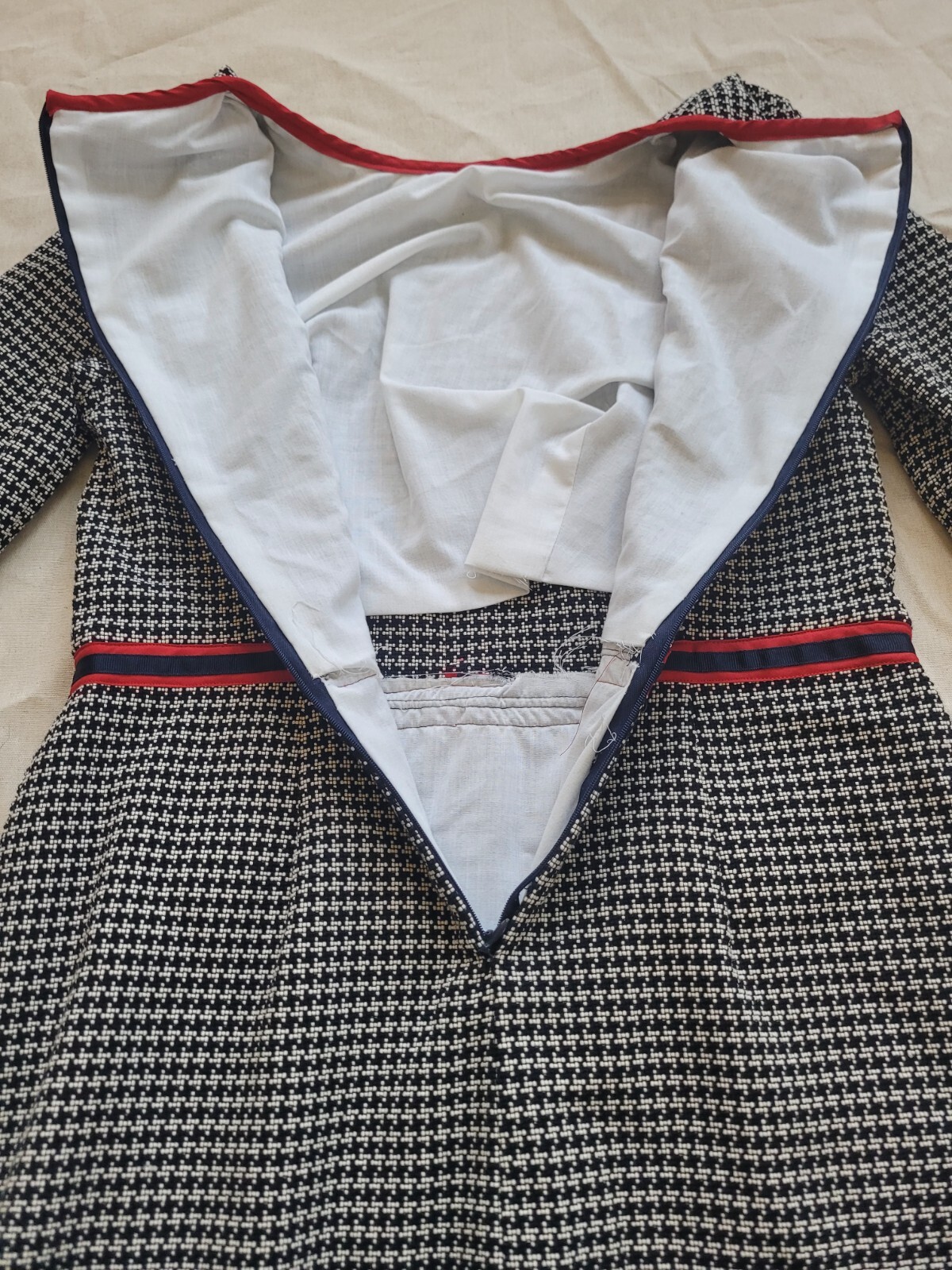 Vintage Handmade Tweed Kate Dress Elegant Classic Black White Red Trim Size M