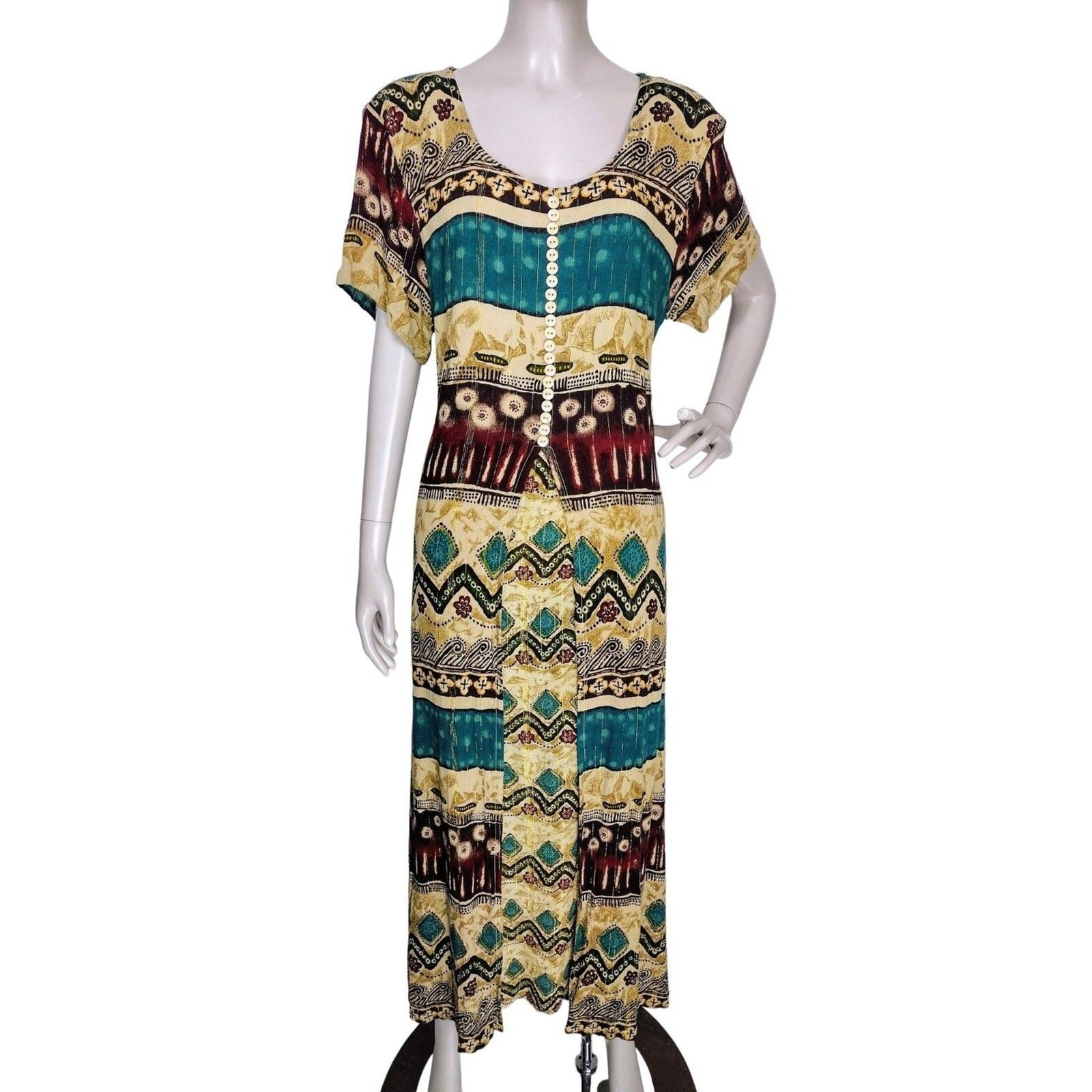 Vintage BILA Bohemian Crinkle Mixed-Media Tie-Back Maxi Dress Made In India