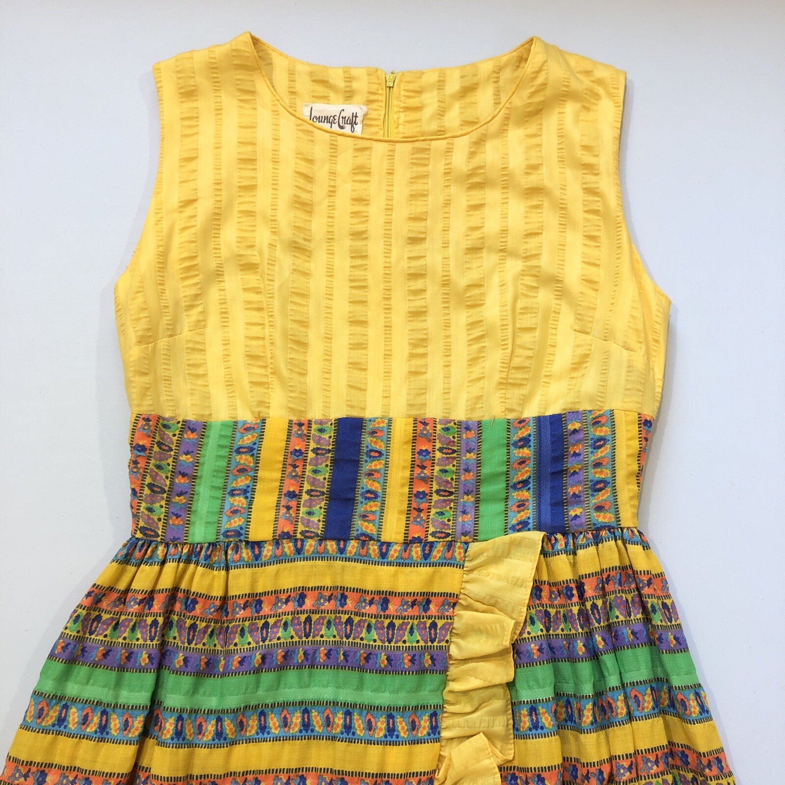 Vintage Lounge Craft Yellow Multi Sleeveless Ruffles 60s 70s Retro Maxi Dress