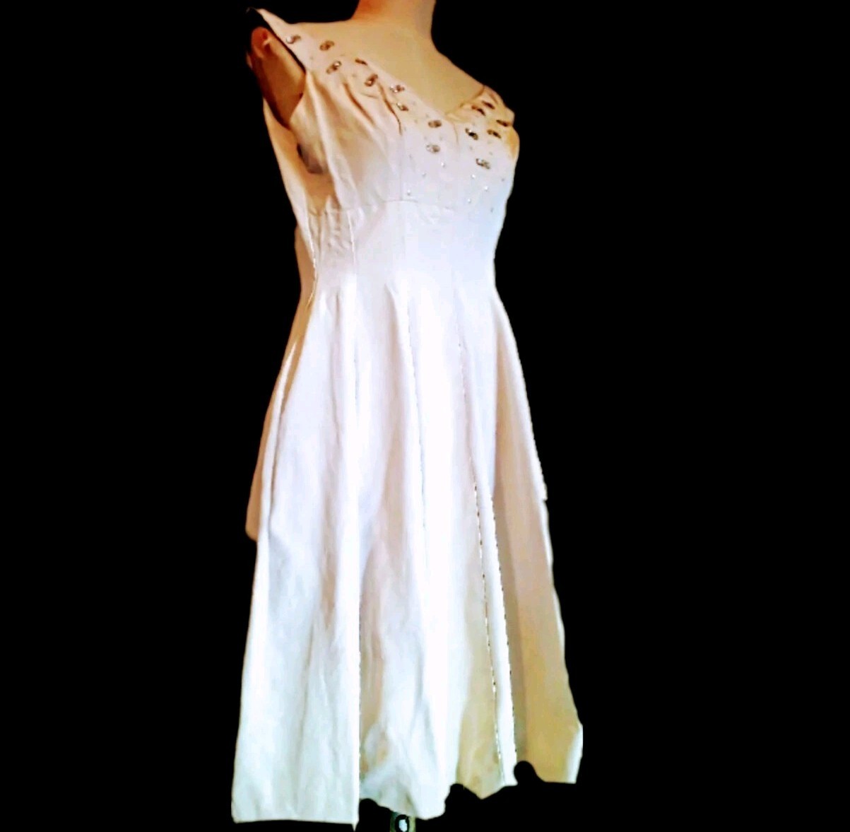 VTG 1950s Cocktail Dress Faille Fit To Flair w/ Full Circle Skirt Beaded Top XXS