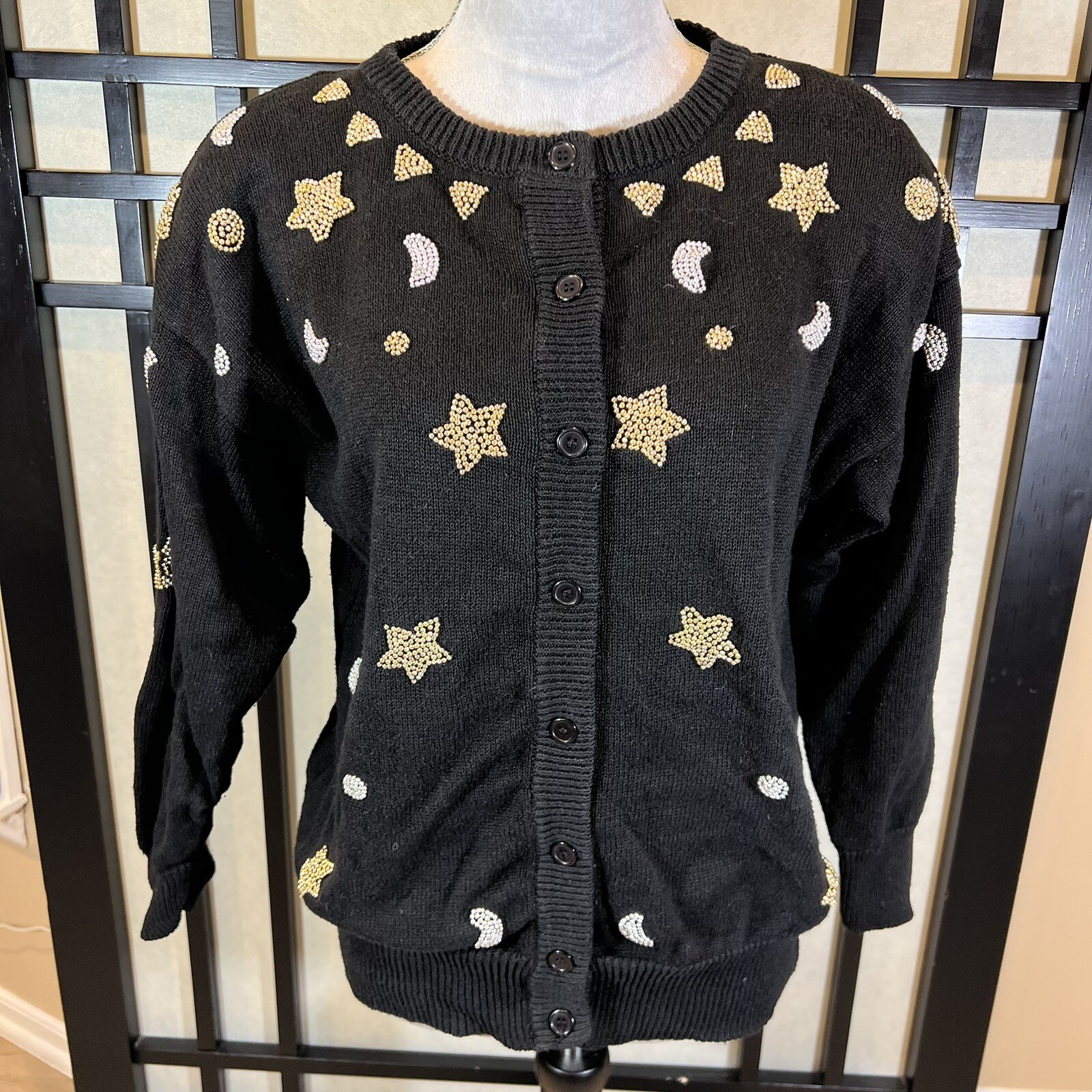 Vintage Eminent Black Sweater Cardigan Metallic Stars & Moons Womens Size M