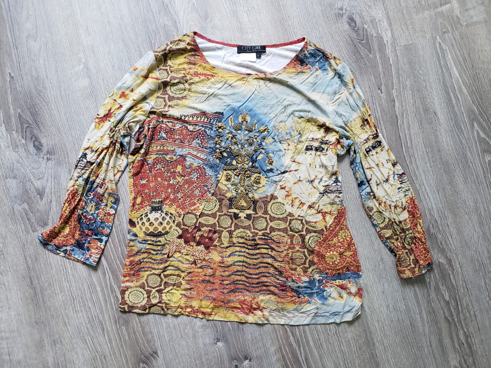 VTG City Girl Nancy Bolen Top Womens L Beaded Asian Travel Fitted 3/4 Sleeve