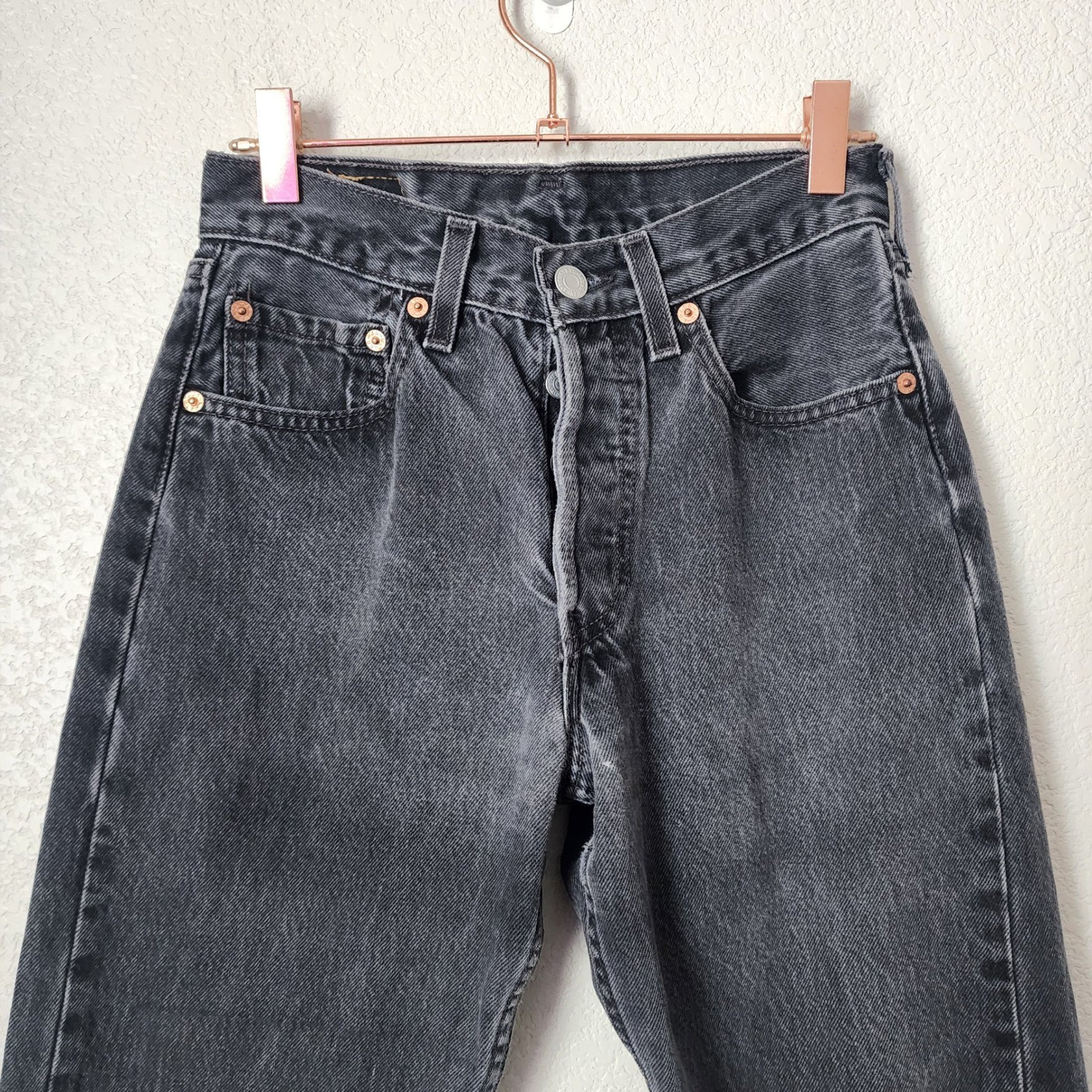 LEVIS VINTAGE Student Fit USA Made Cut Off Raw Hem Denim in black size 27×32