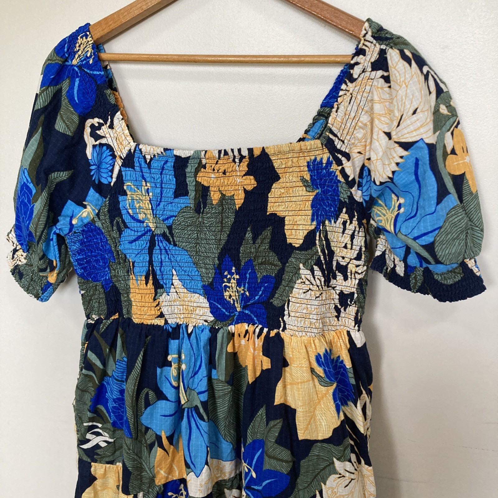 Land’s End Women’s Smocked Peasant Dress L/P 14-16 Blue Yellow Cotton Lined Vtg