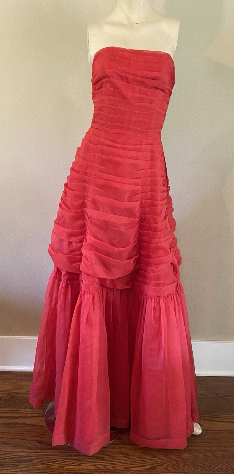 VTG 50s Red Chiffon Strapless Evening Cocktail Prom Gown Dress XS