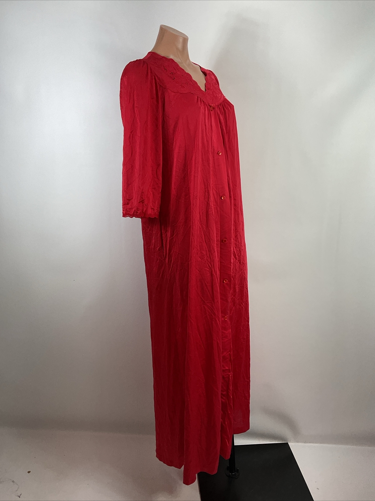 Vintage Shadowline ruby garnet red lace nylon robe negligee peignoir elegant S