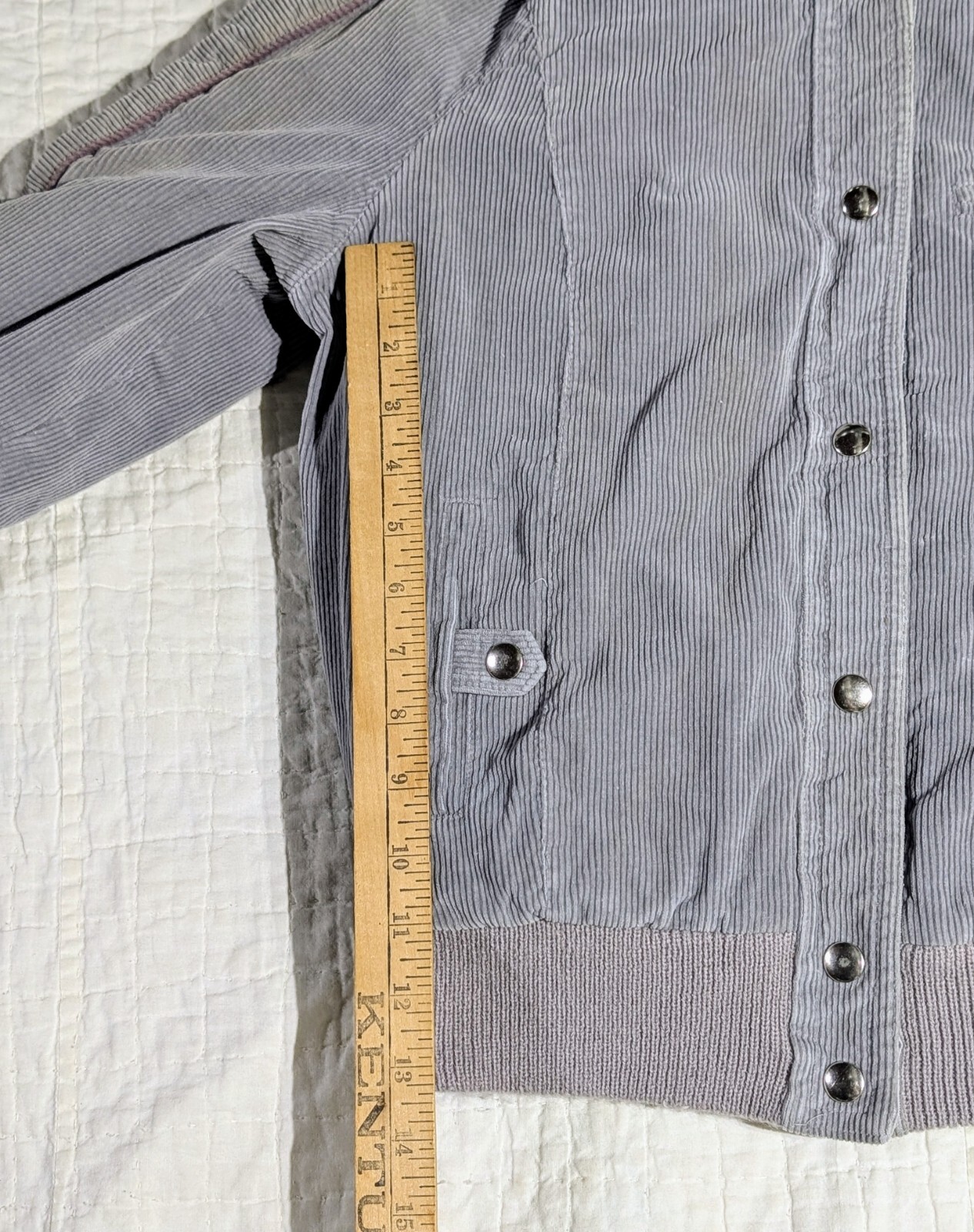 Vintage Mod Maid Coat 60s 70s Women’s SMALL Gray Corduroy Purple Trim Hooded