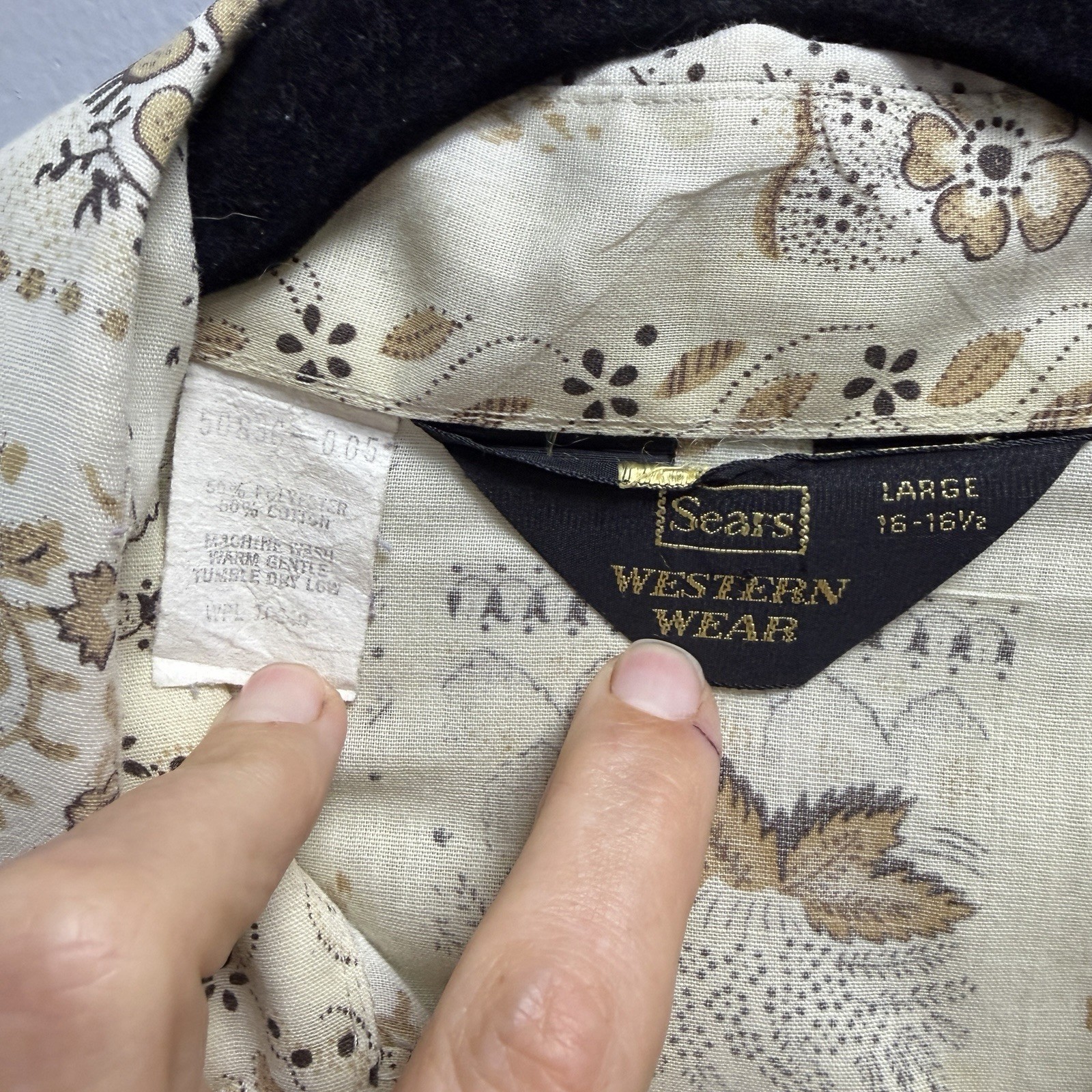 Vintage Sears Western Wear Pearl Snap Shirt Women’s L 16-16½ Beige Floral Paisly
