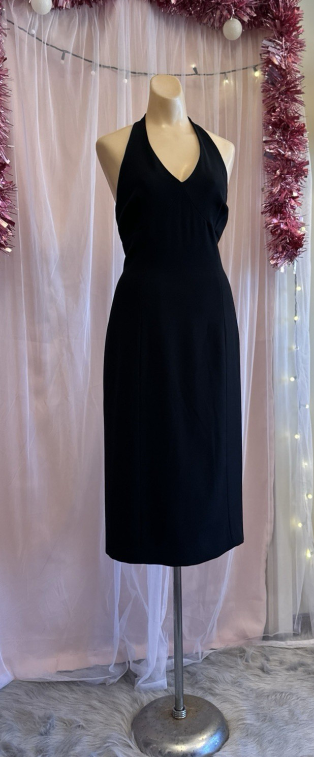 Vintage Y2K 2000s Black Halter Dress Open Back Sleeveless Minimalist Summer M