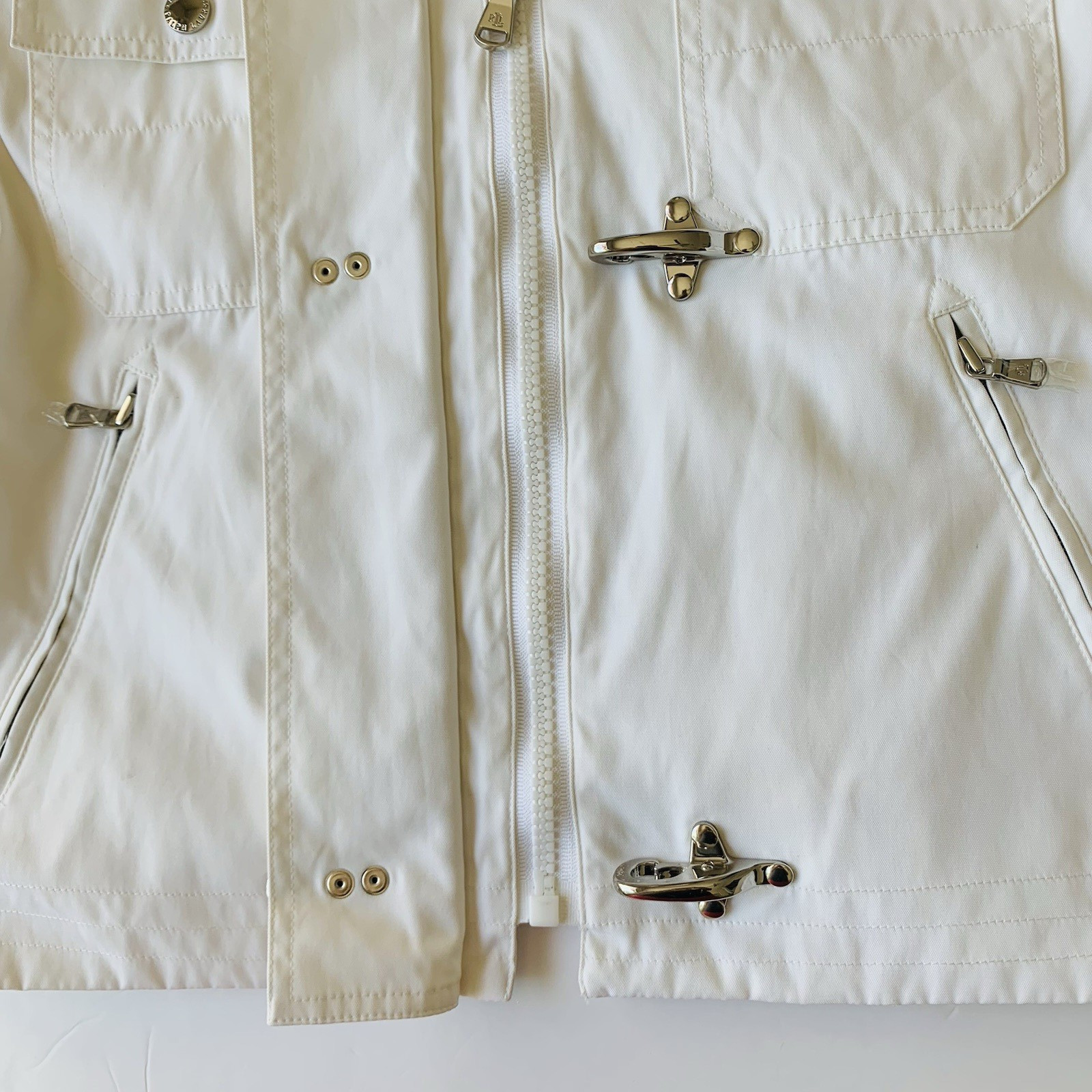 VTG Lauren Ralph Lauren Fireman Jacket M White Nylon Insulated Lobster Clasp Y2K