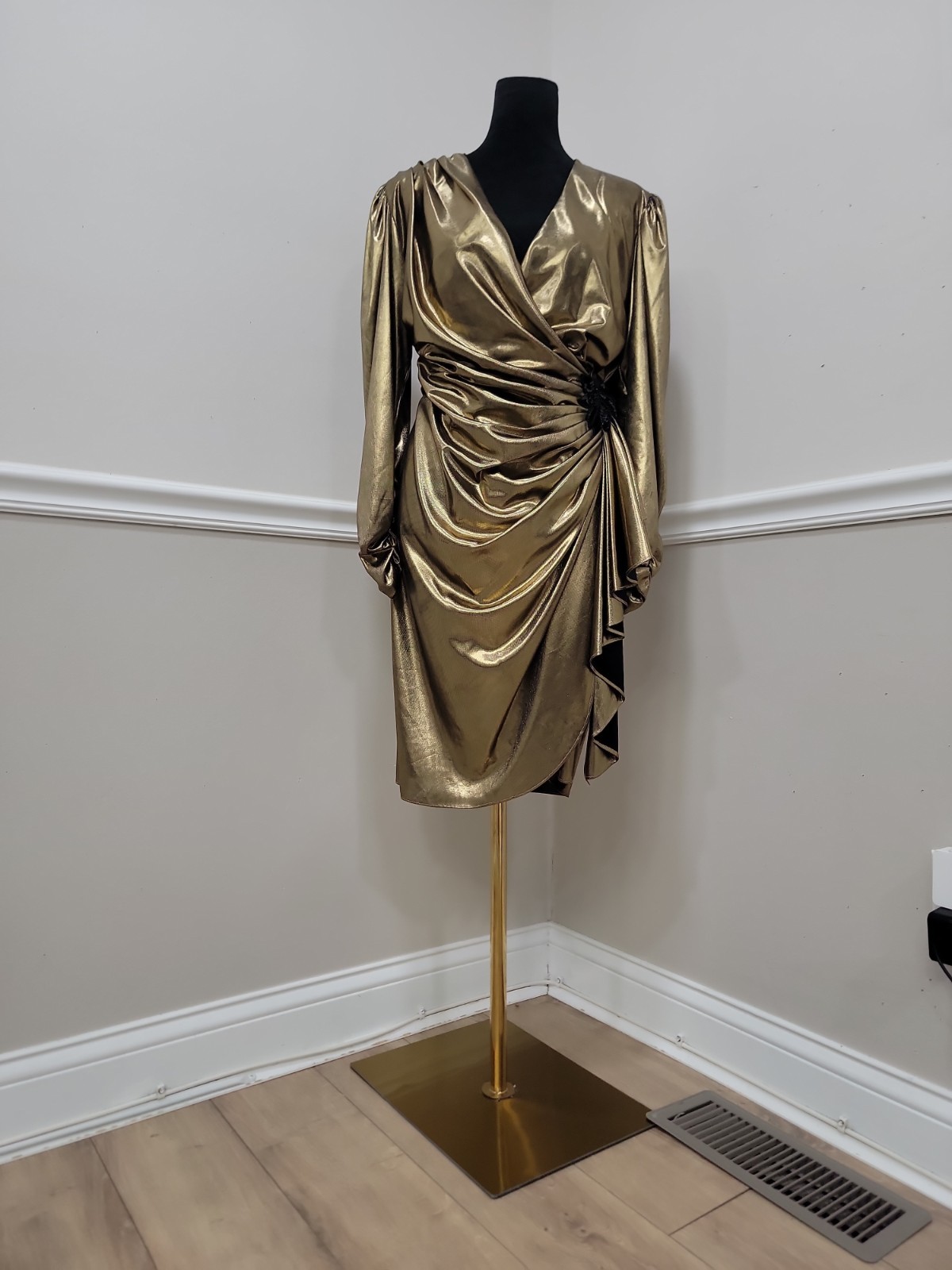 Vintage 80s Filigree Metallic Gold Lamé Ruched Wrap Cocktail Dress Draped Party