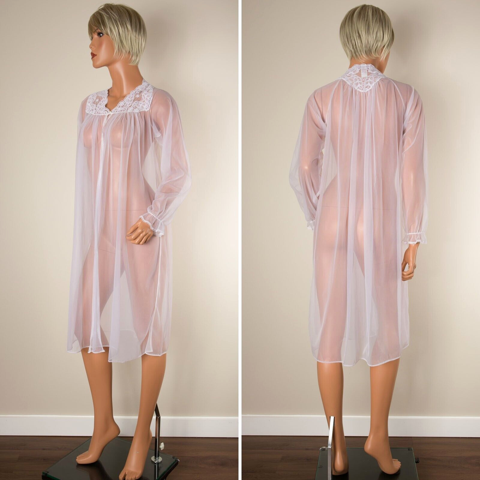 💖 VTG KAYSER Bridal Chiffon Peignoir Nightgown Set White Robe Negligee Lace S
