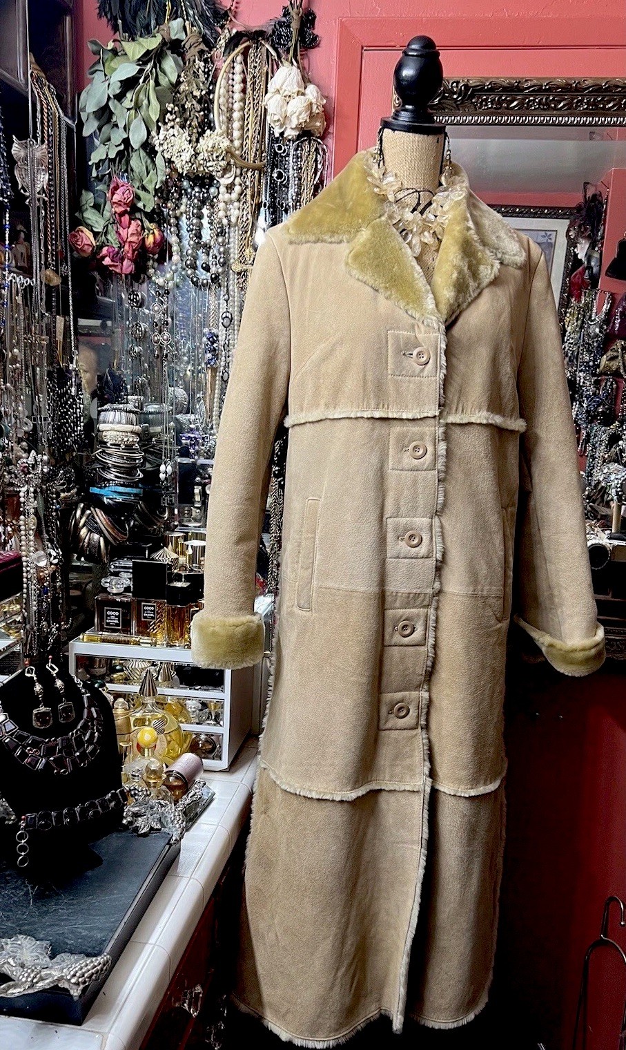 Beautiful Charles Klein Vintage Beige Genuine Suede Leather Fur Long Coat Sz S/M