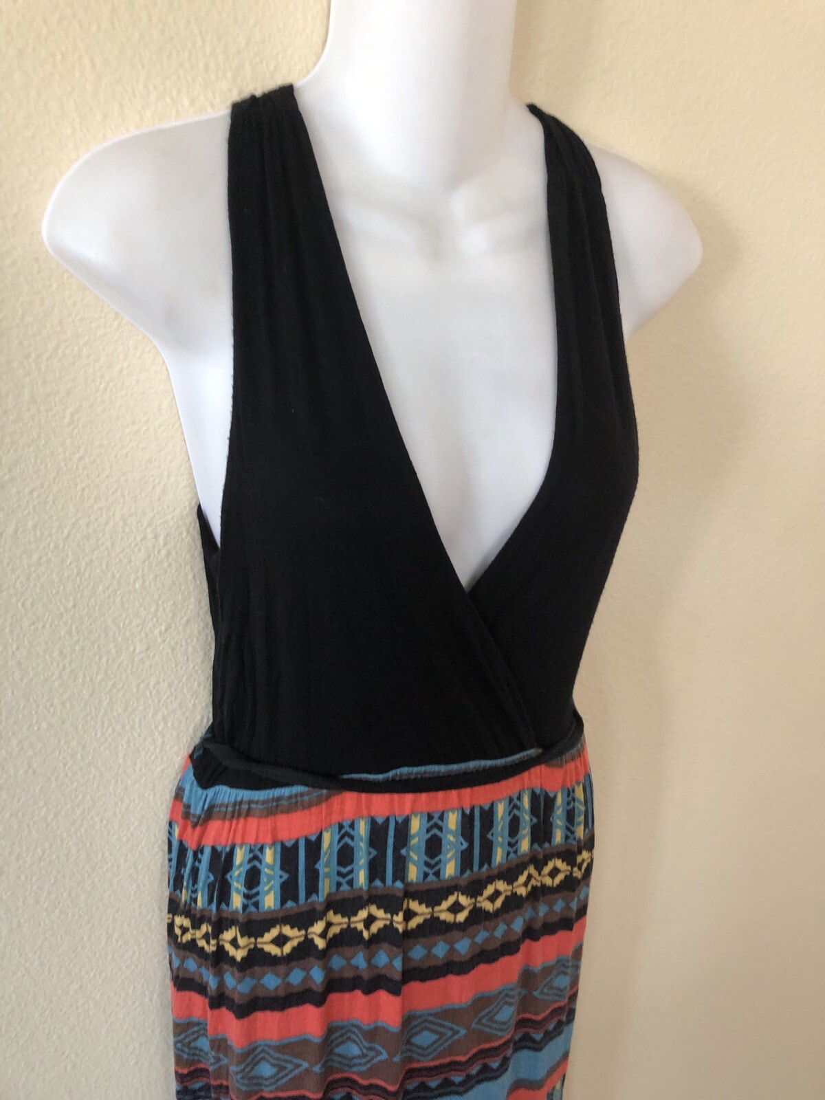 Y2K Vintage Papaya Boho Fairy Grunge Halter Top Maxi Dress Aztec Print Black M