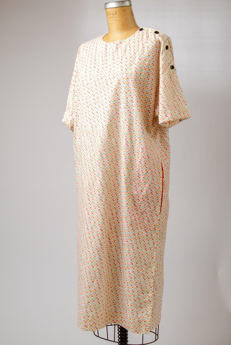 Marimekko 1980s Caftan Dress Button Shoulder Pastel Cotton Dress