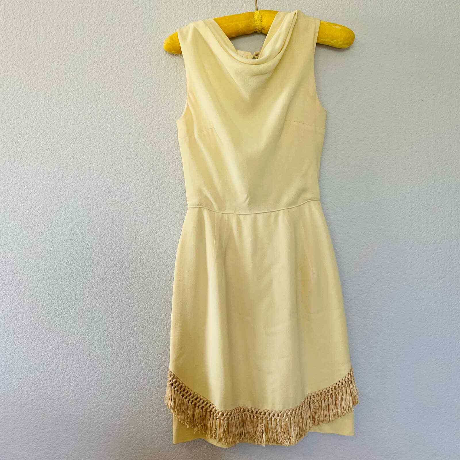 Vintage 50s Jay Herbert California pale yellow cowlneck fringe cocktail dress XS