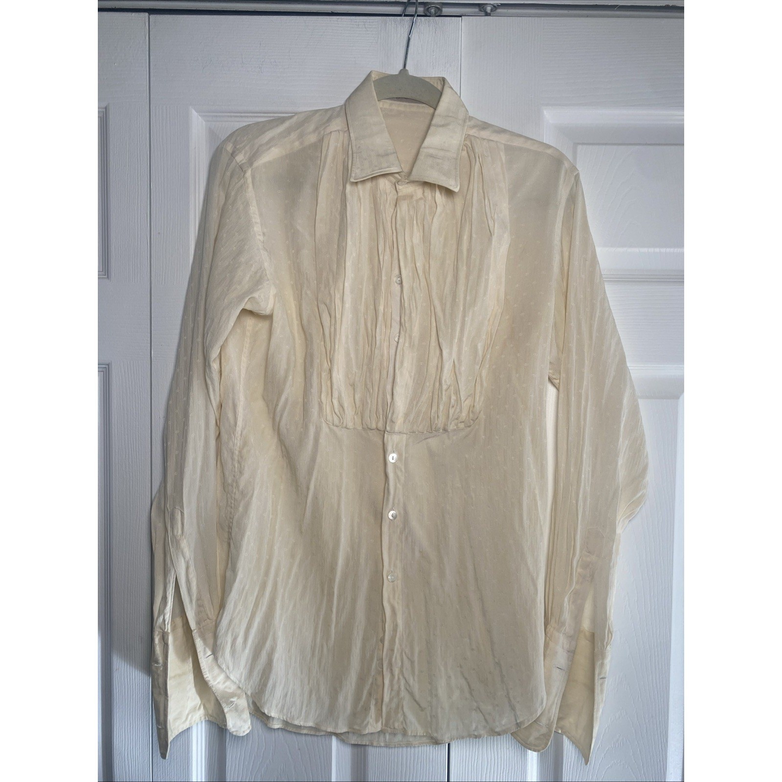 G Gucci Vintage Pleated Bib Silk Blouse Womens Size 39 Cream Jacquard Logo Italy