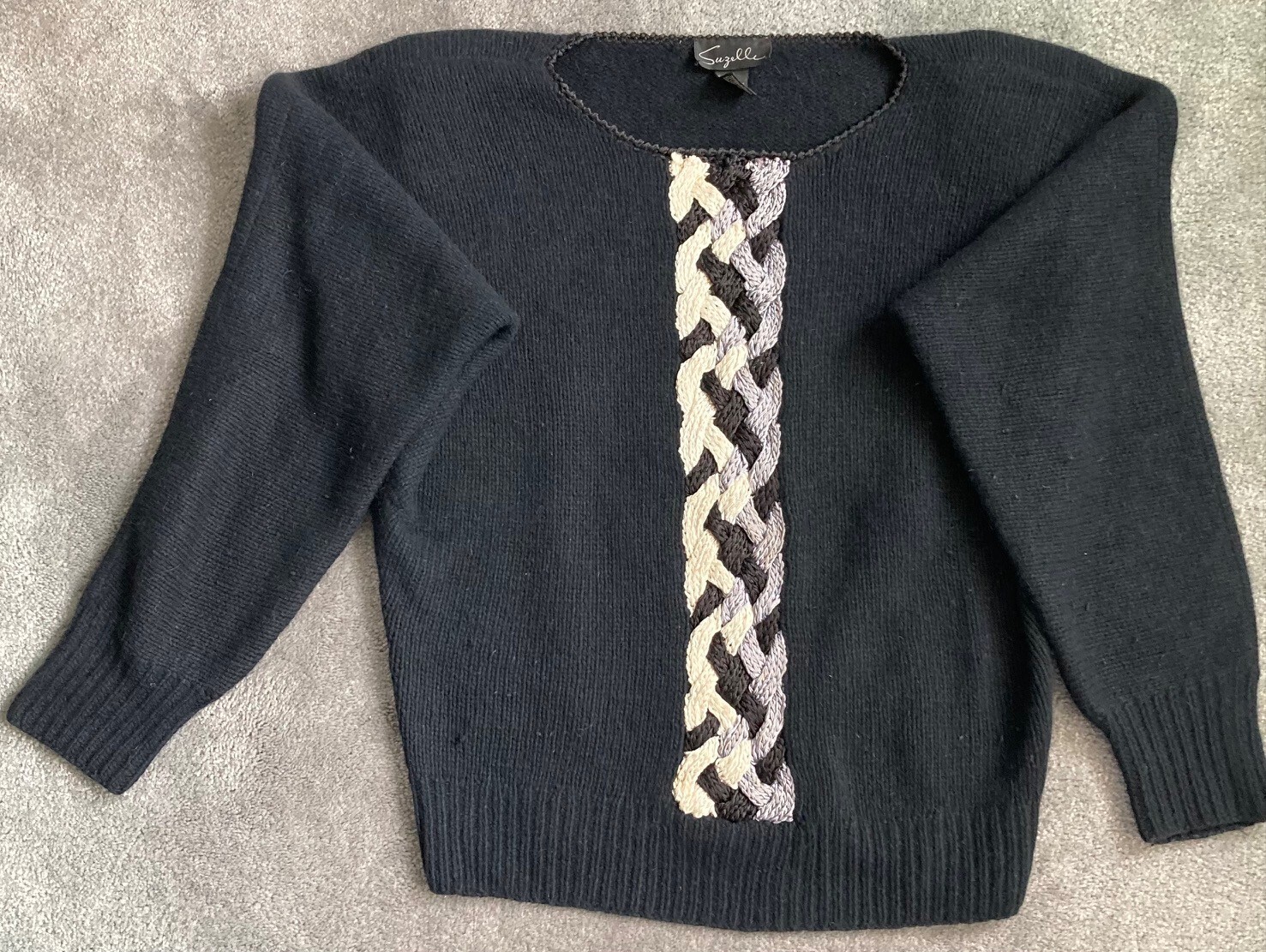 Vintage Suzelle Women’s Black Cable Knit Long Sleeve Pullover Sweater Size L