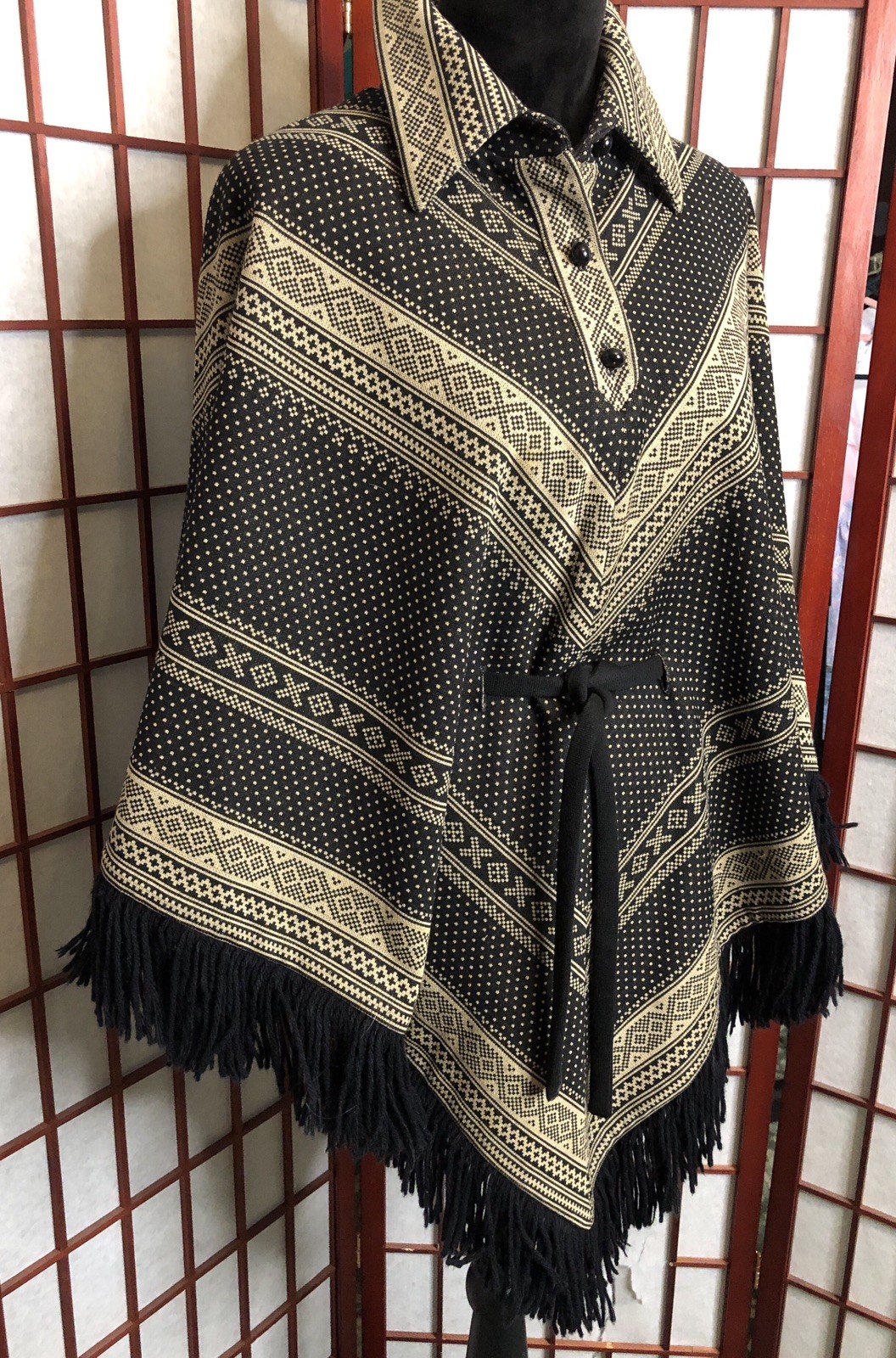 Vintage 60s 70s BUTTE KNIT Polyester Black Beige Fringe Belted Poncho Coat Dress